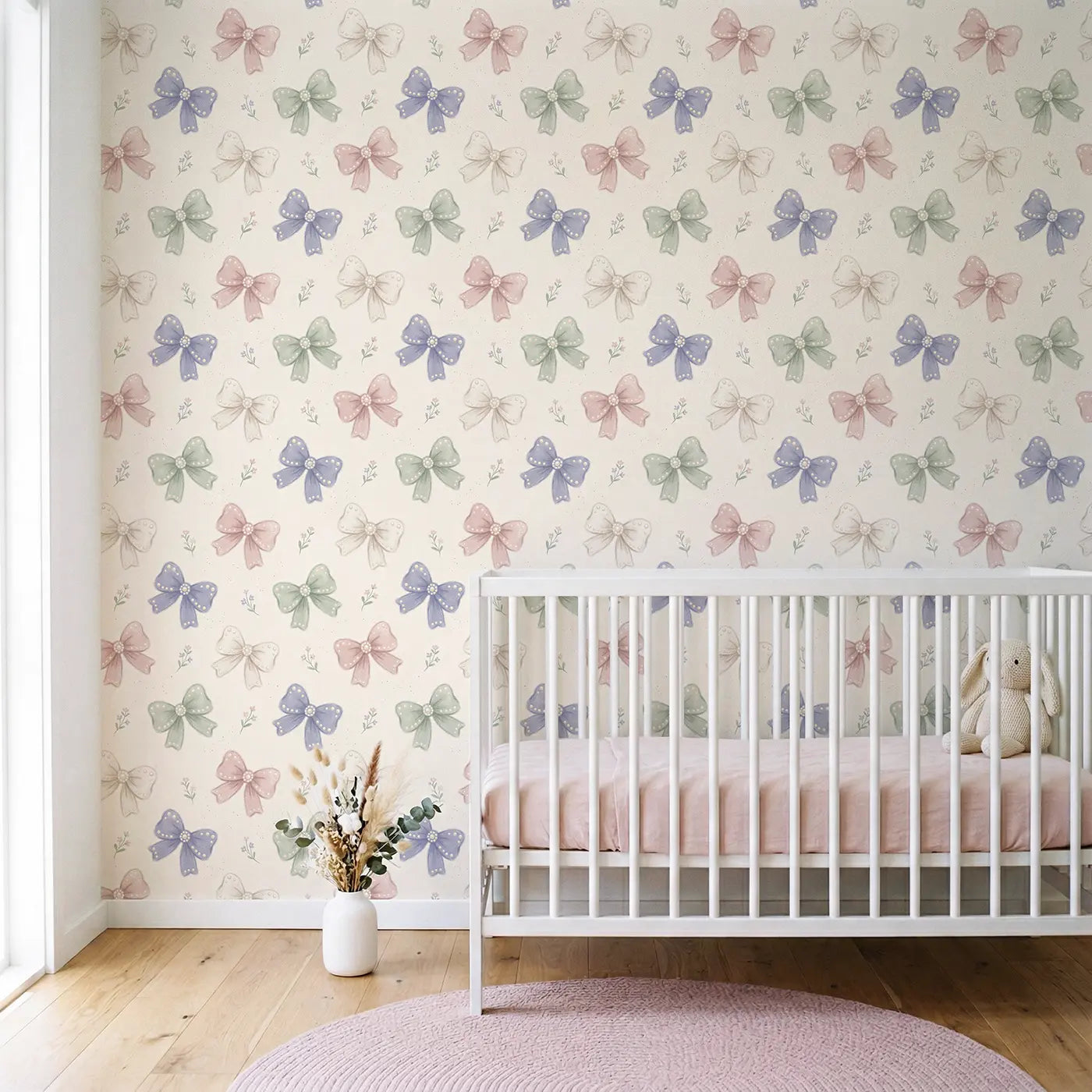 Statement Bows Soft Pastel wallpaper in Scandinavian nursery - Whimsy Tots