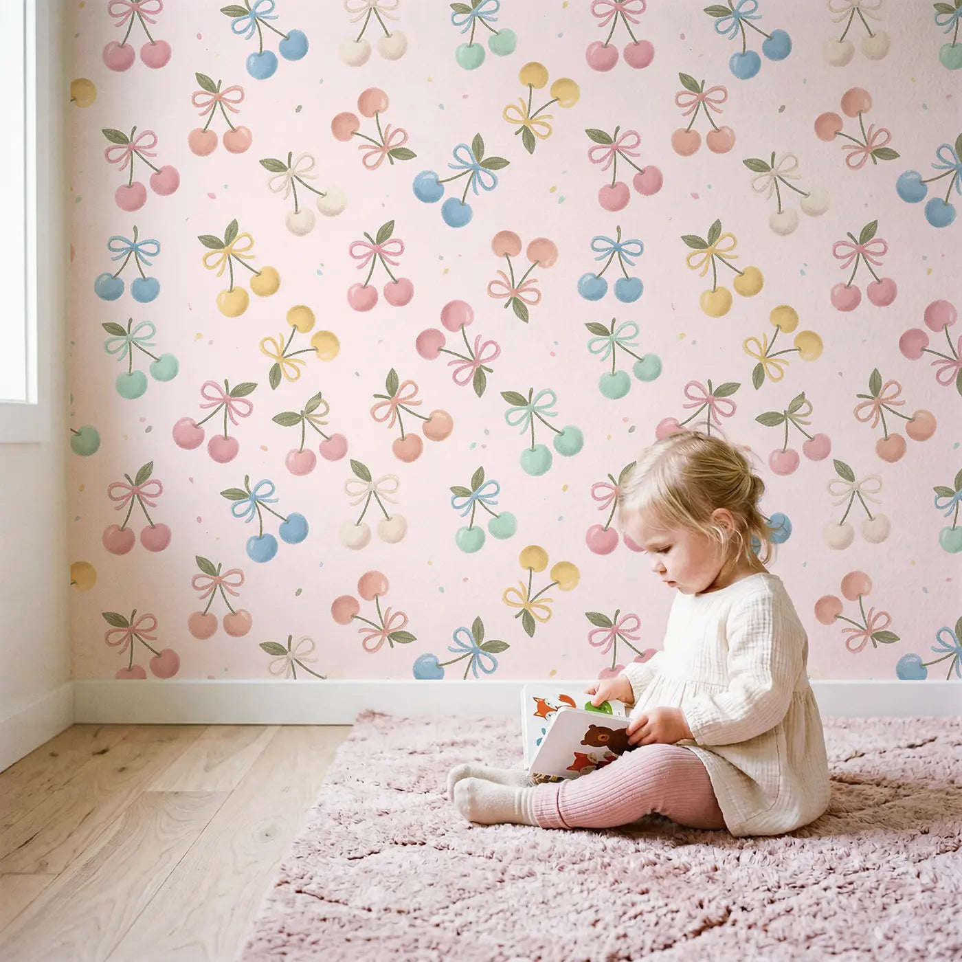 Scattered Cherries Soft Pastel wallpaper in styled kids room - Whimsy Tots