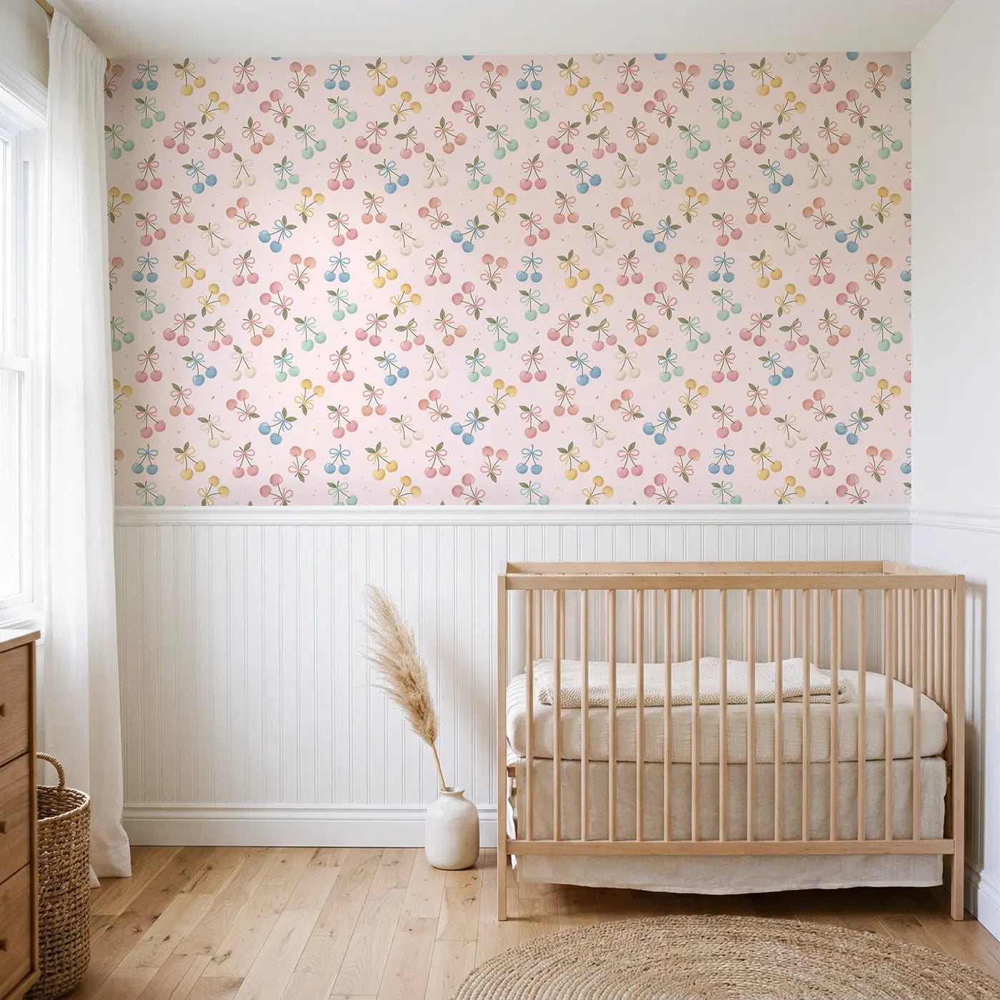 Scattered Cherries Soft Pastel wallpaper above wainscoting - Whimsy Tots