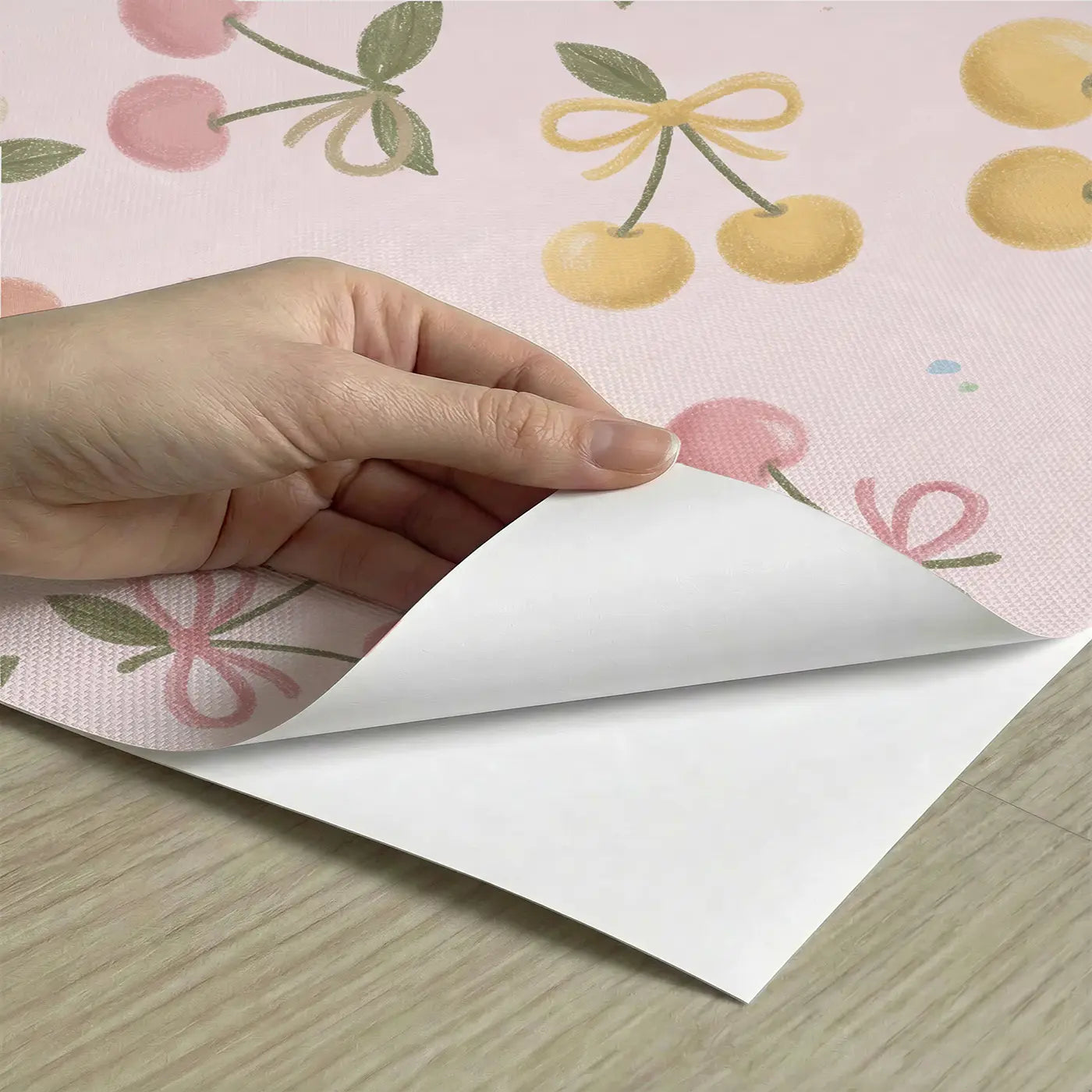 Scattered Cherries Soft Pastel peel and stick material close-up - Whimsy Tots