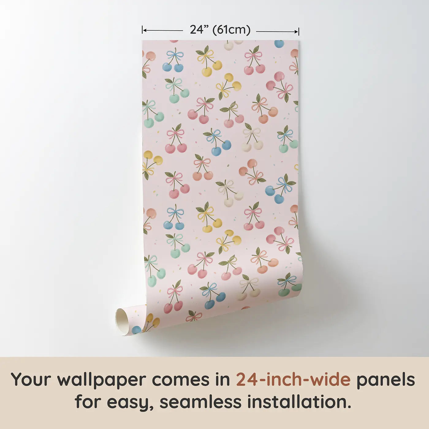 Scattered Cherries Soft Pastel wallpaper panel dimensions - Whimsy Tots