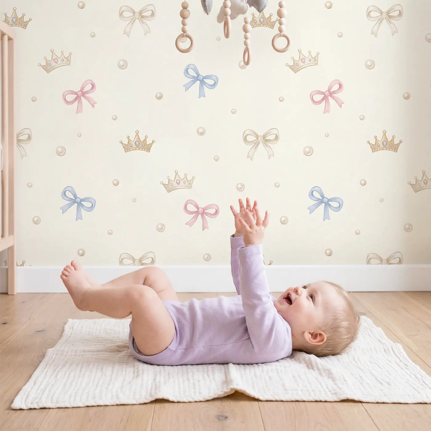 Tiny Crowns Soft Pastel wallpaper in styled kids room - Whimsy Tots