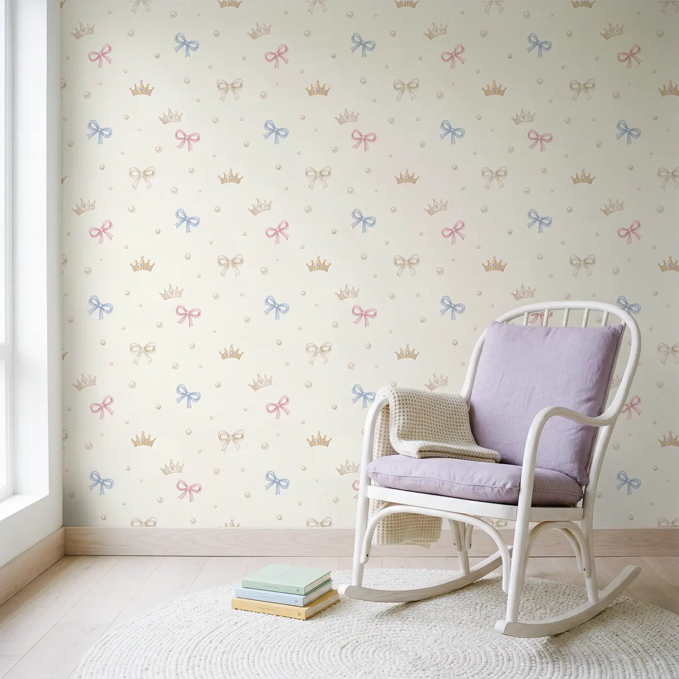 Tiny Crowns Soft Pastel wallpaper in Scandinavian nursery - Whimsy Tots