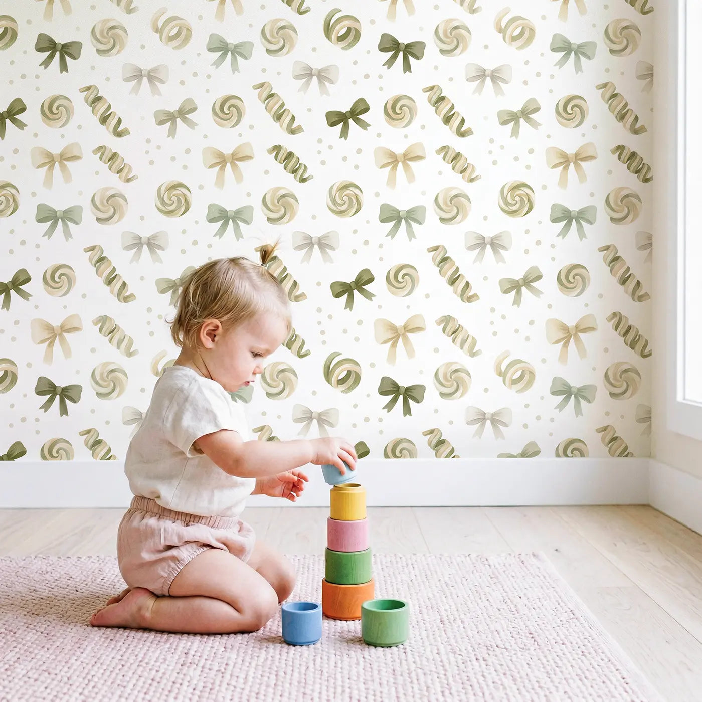 Ribbon Candy Soft Pastel wallpaper in styled kids room - Whimsy Tots