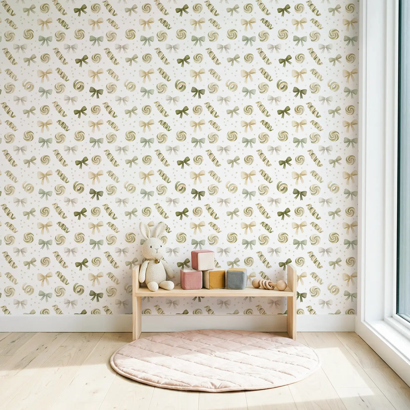Ribbon Candy Soft Pastel wallpaper in Scandinavian nursery - Whimsy Tots
