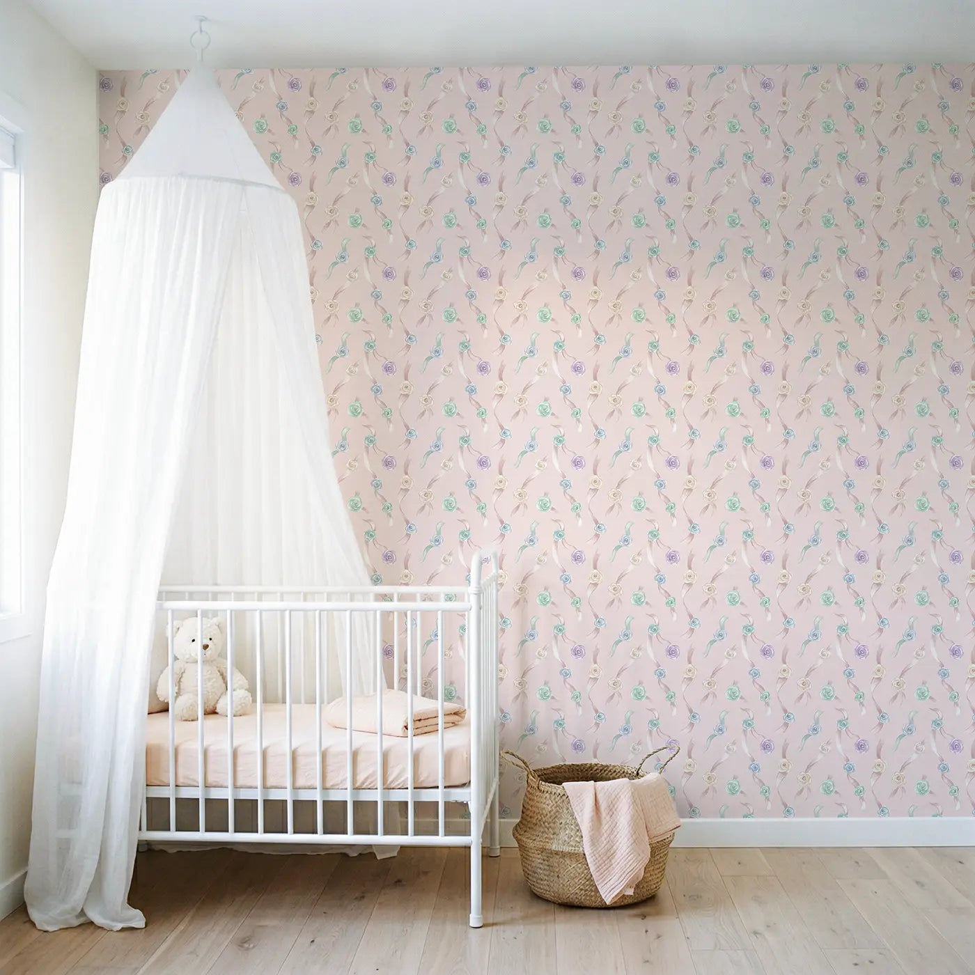 Trailing Ribbon Soft Pastel wallpaper in Scandinavian nursery - Whimsy Tots