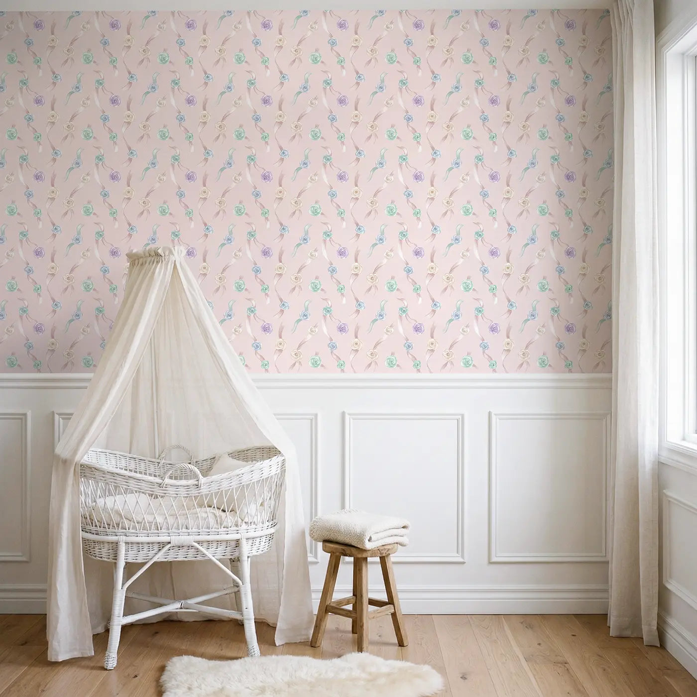 Trailing Ribbon Soft Pastel wallpaper above wainscoting - Whimsy Tots