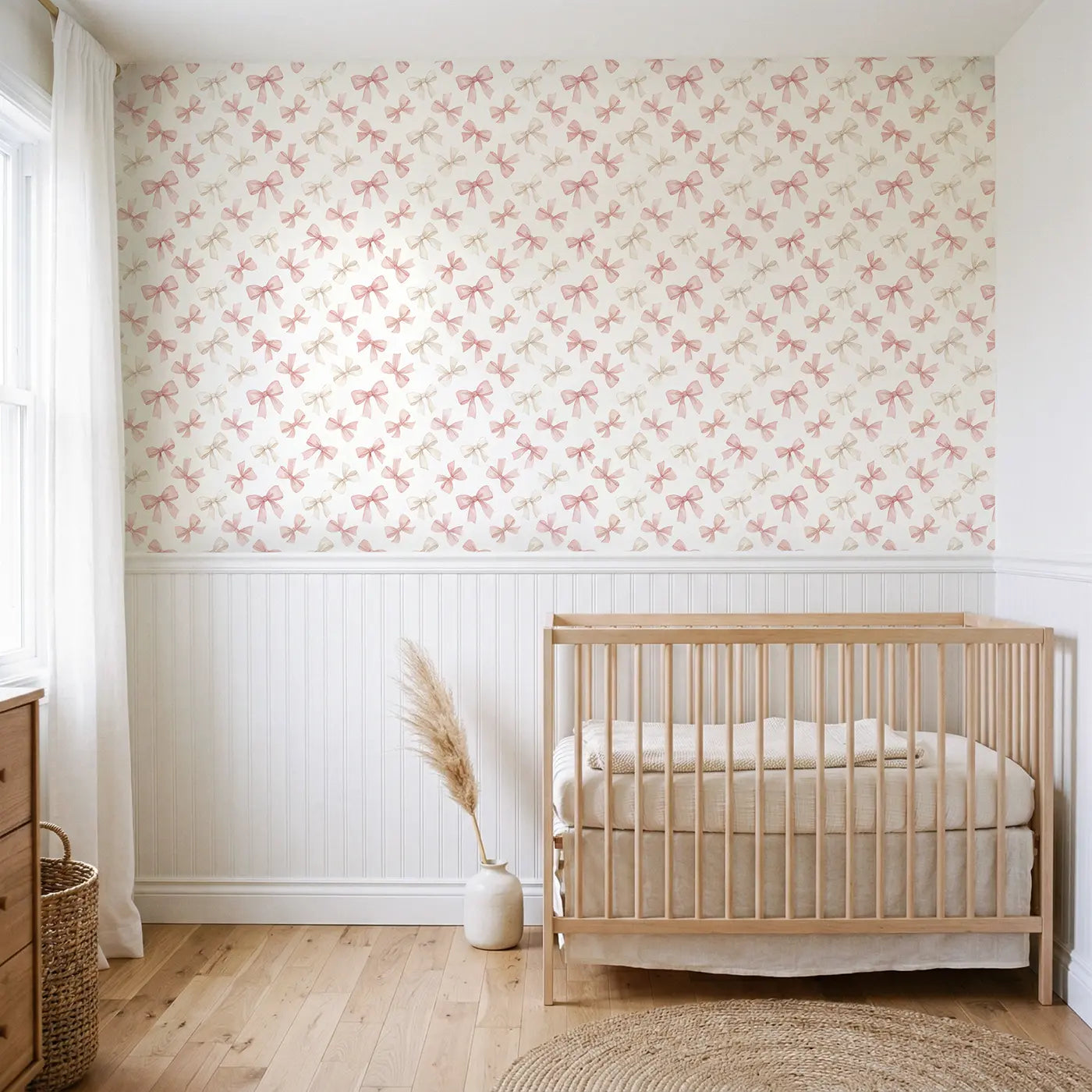 Soft Bows Watercolor wallpaper above wainscoting - Whimsy Tots