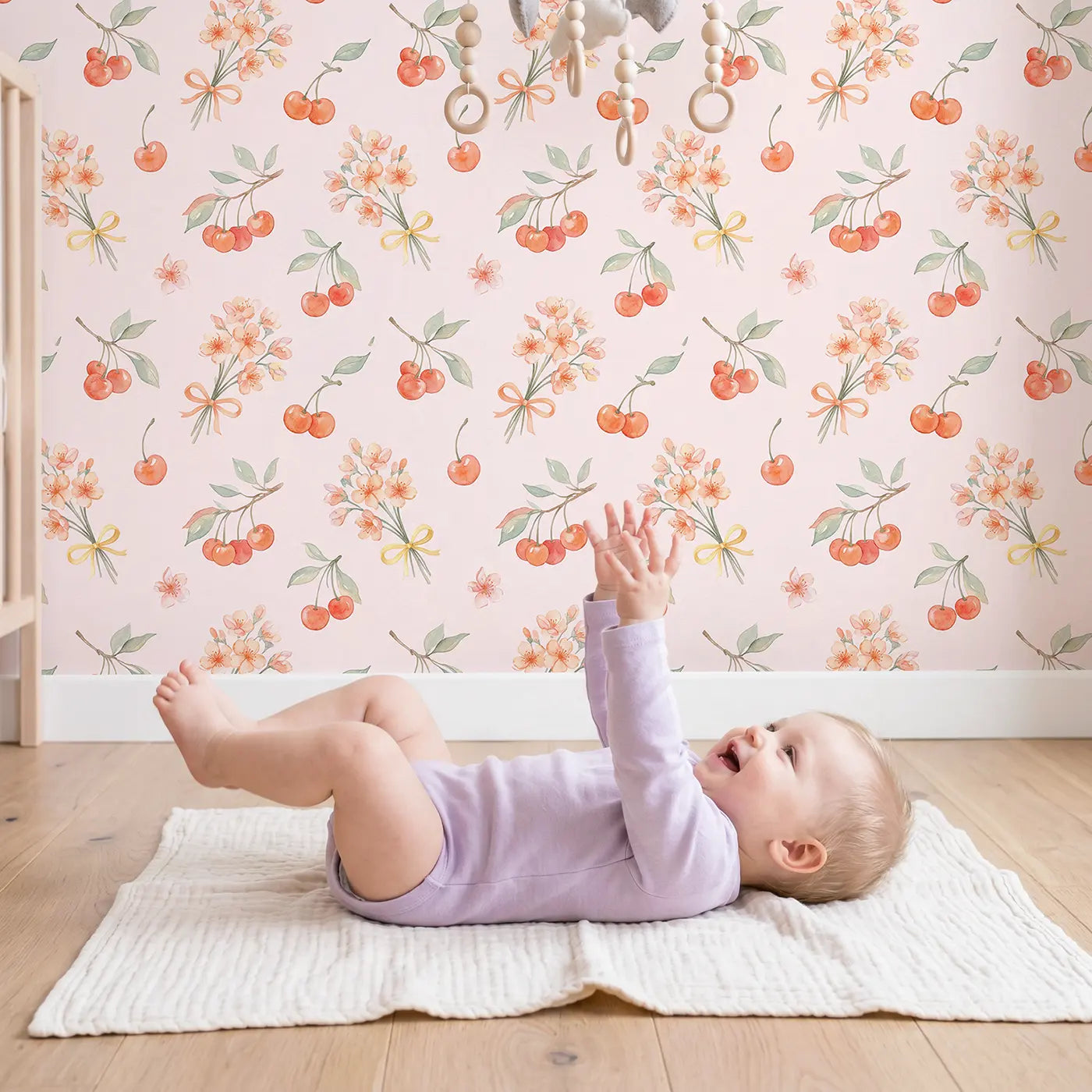 Cherry Branches Watercolor wallpaper in styled kids room - Whimsy Tots