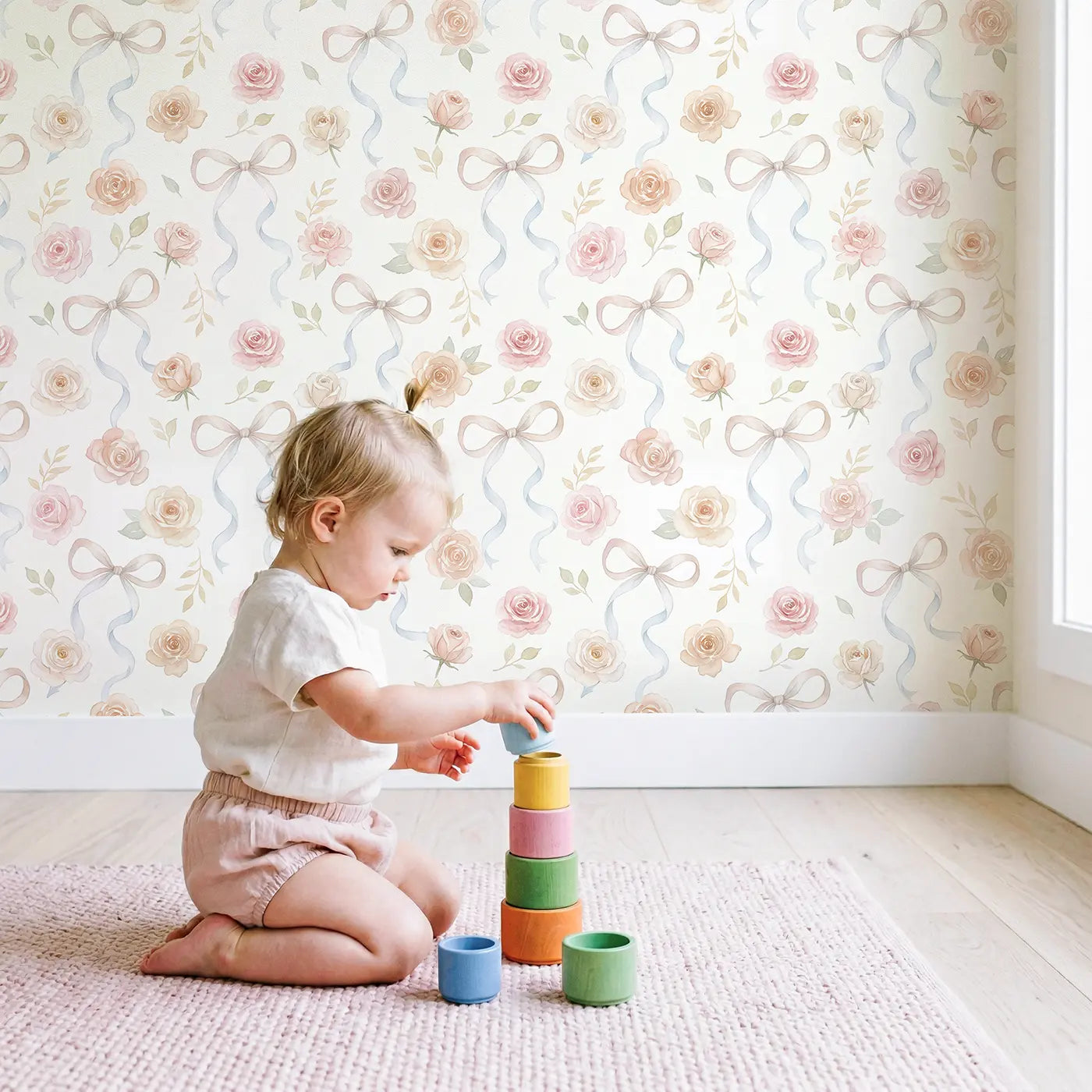 Scattered Roses Watercolor wallpaper in styled kids room - Whimsy Tots