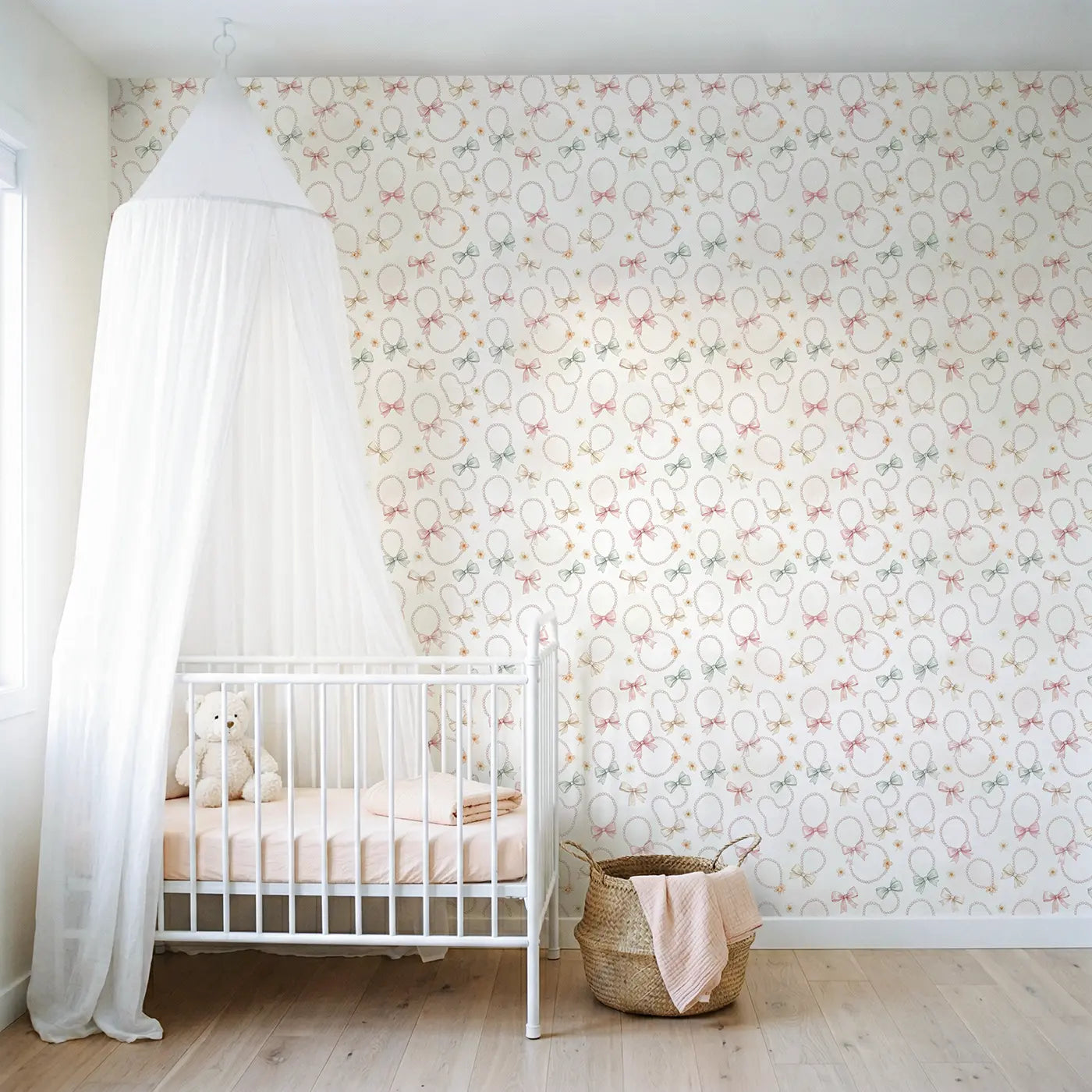 Pearl Necklace Watercolor wallpaper in Scandinavian nursery - Whimsy Tots