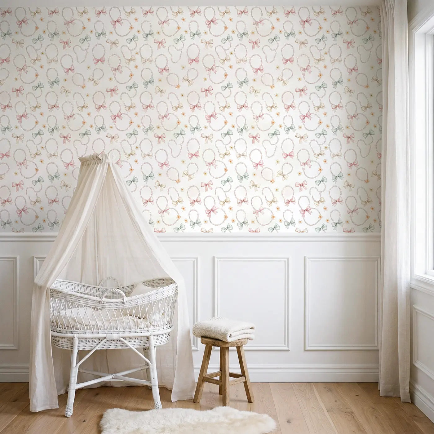 Pearl Necklace Watercolor wallpaper above wainscoting - Whimsy Tots
