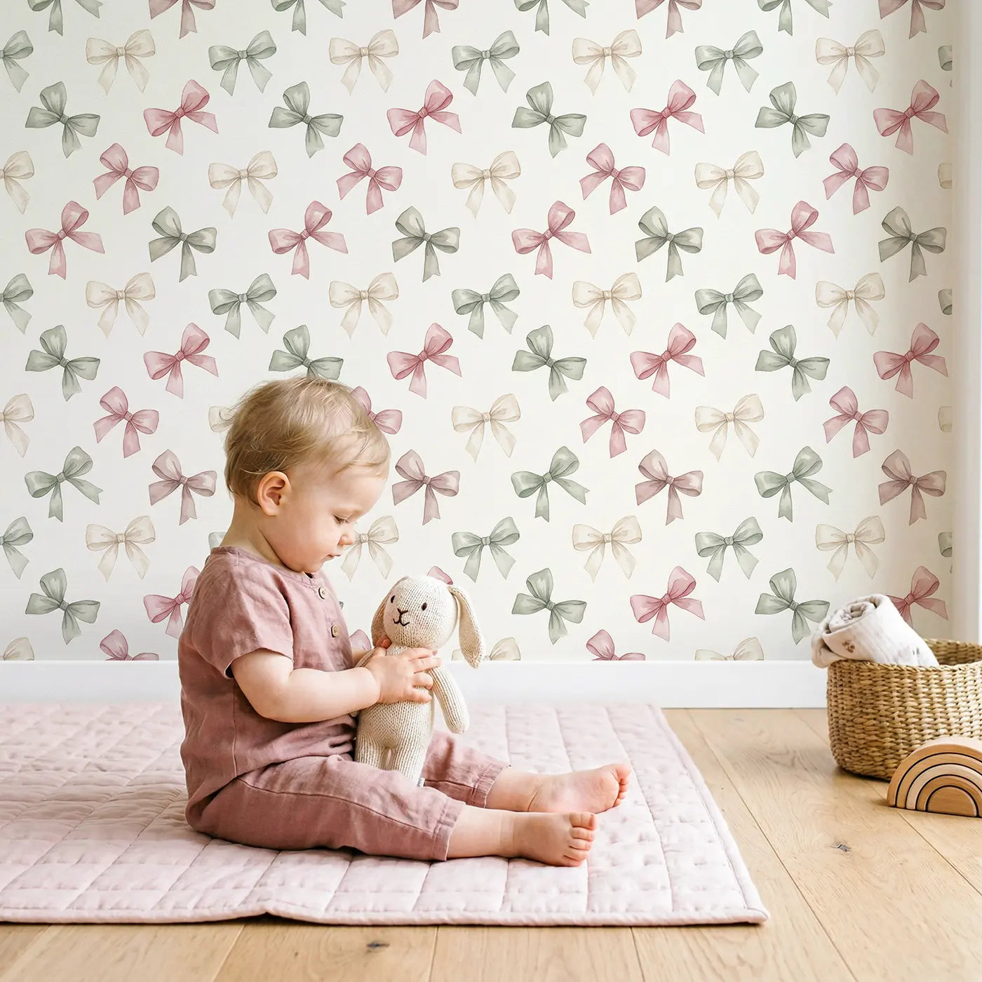 Delicate Bows Watercolor wallpaper in styled kids room - Whimsy Tots