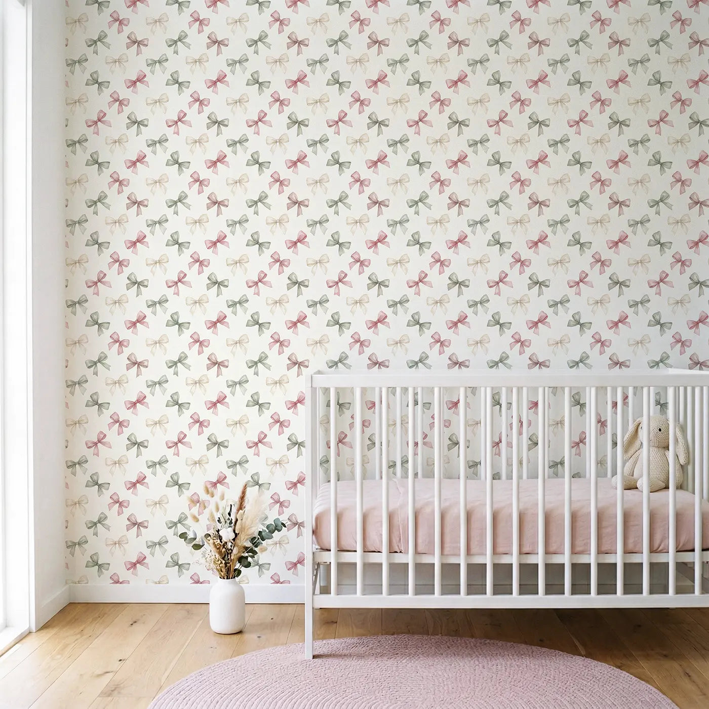 Delicate Bows Watercolor wallpaper in Scandinavian nursery - Whimsy Tots