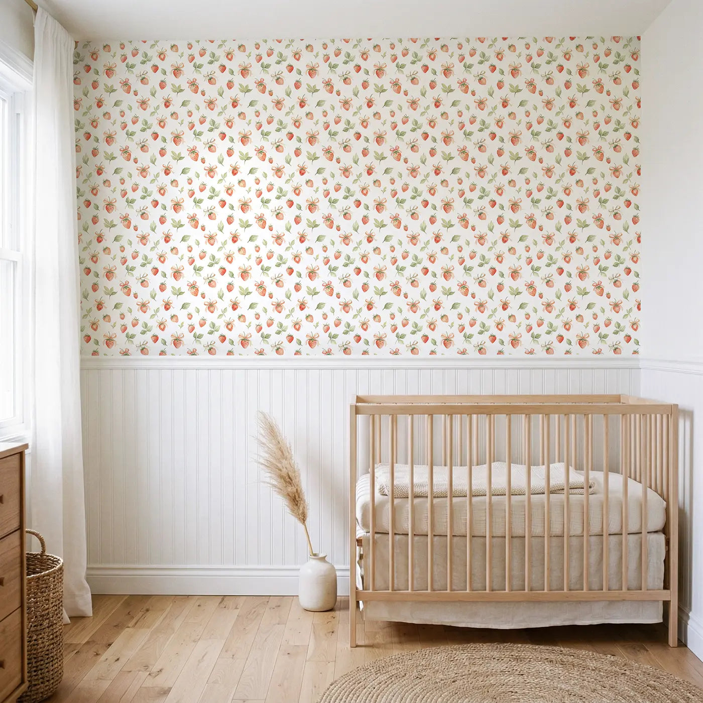 Strawberries Tiny Watercolor wallpaper above wainscoting - Whimsy Tots