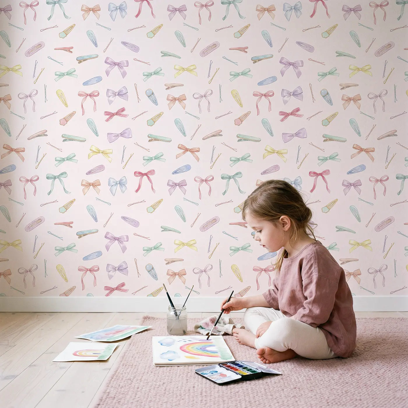 Scattered Hair Watercolor wallpaper in styled kids room - Whimsy Tots