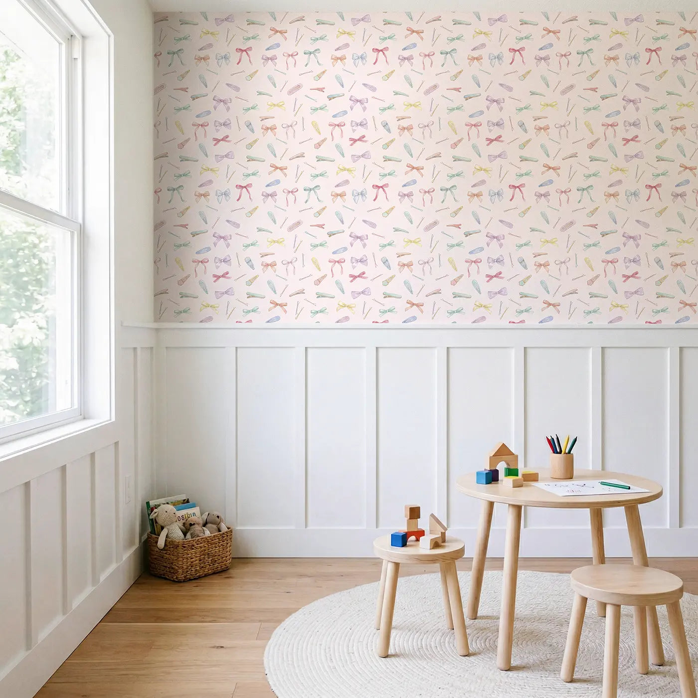Scattered Hair Watercolor wallpaper above wainscoting - Whimsy Tots
