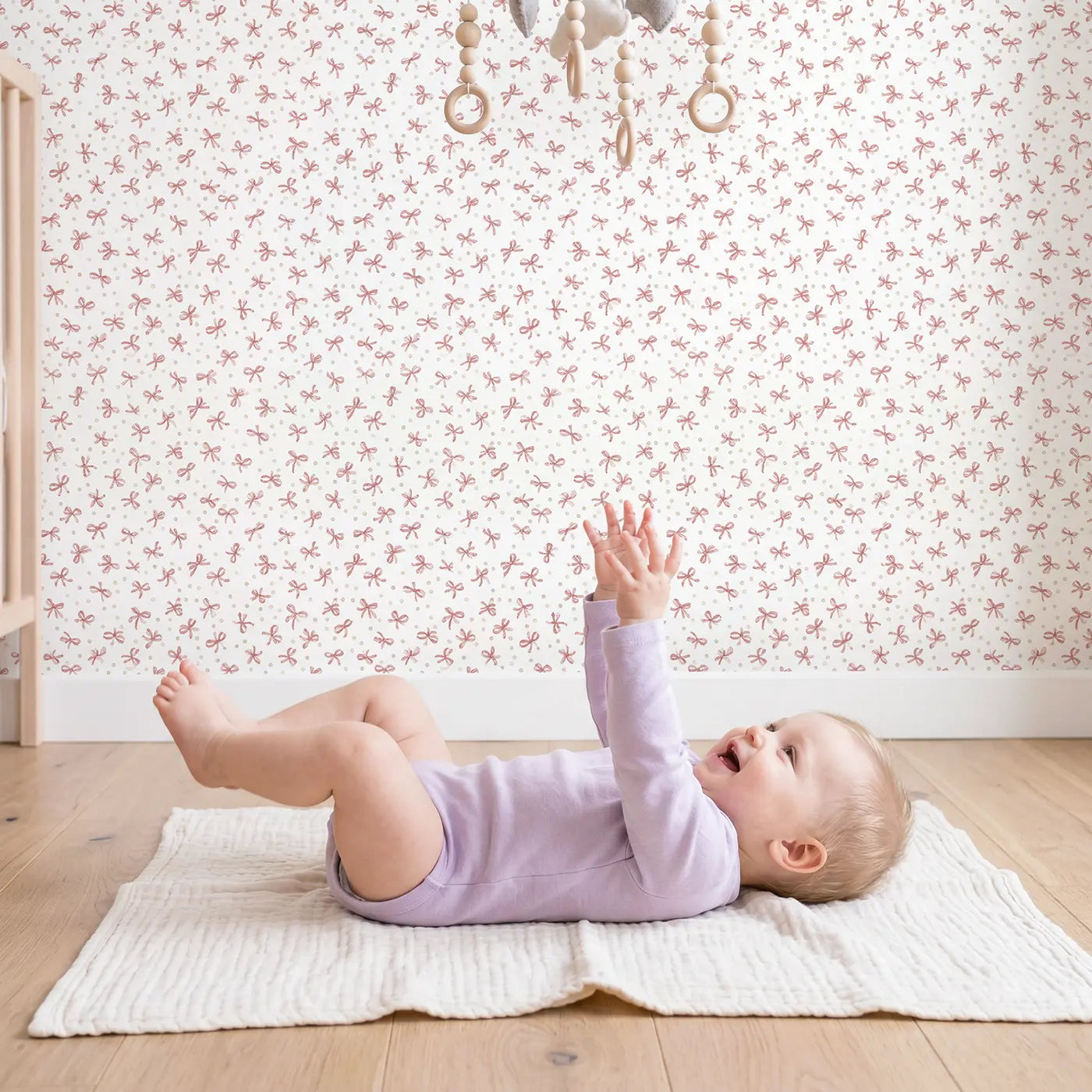 Bows Soft Ditsy Floral wallpaper in styled kids room - Whimsy Tots