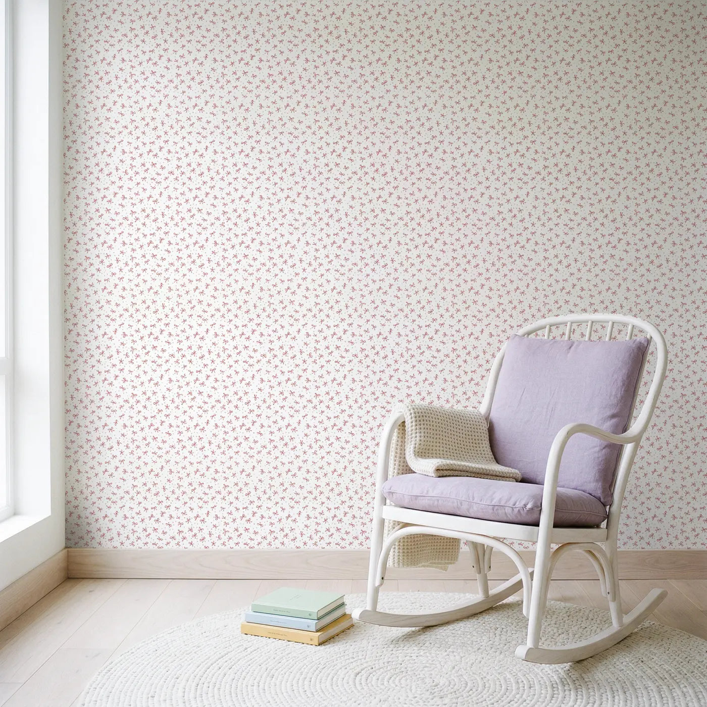 Bows Soft Ditsy Floral wallpaper in Scandinavian nursery - Whimsy Tots