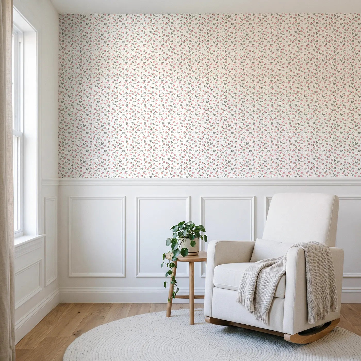 Roses Miniature Ditsy Floral wallpaper above wainscoting - Whimsy Tots