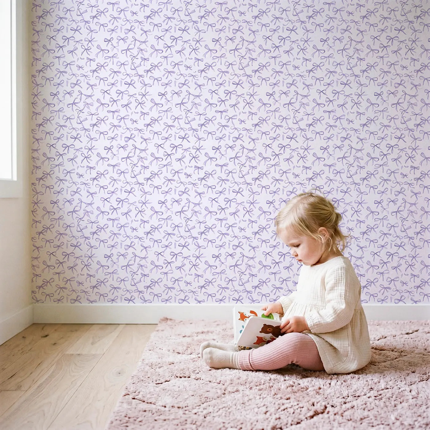 Bows Lavender Ditsy Floral wallpaper in styled kids room - Whimsy Tots