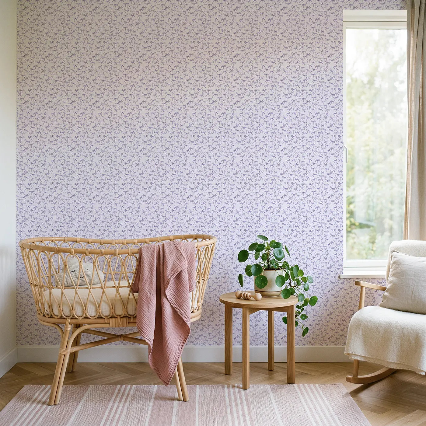 Bows Lavender Ditsy Floral wallpaper in Scandinavian nursery - Whimsy Tots