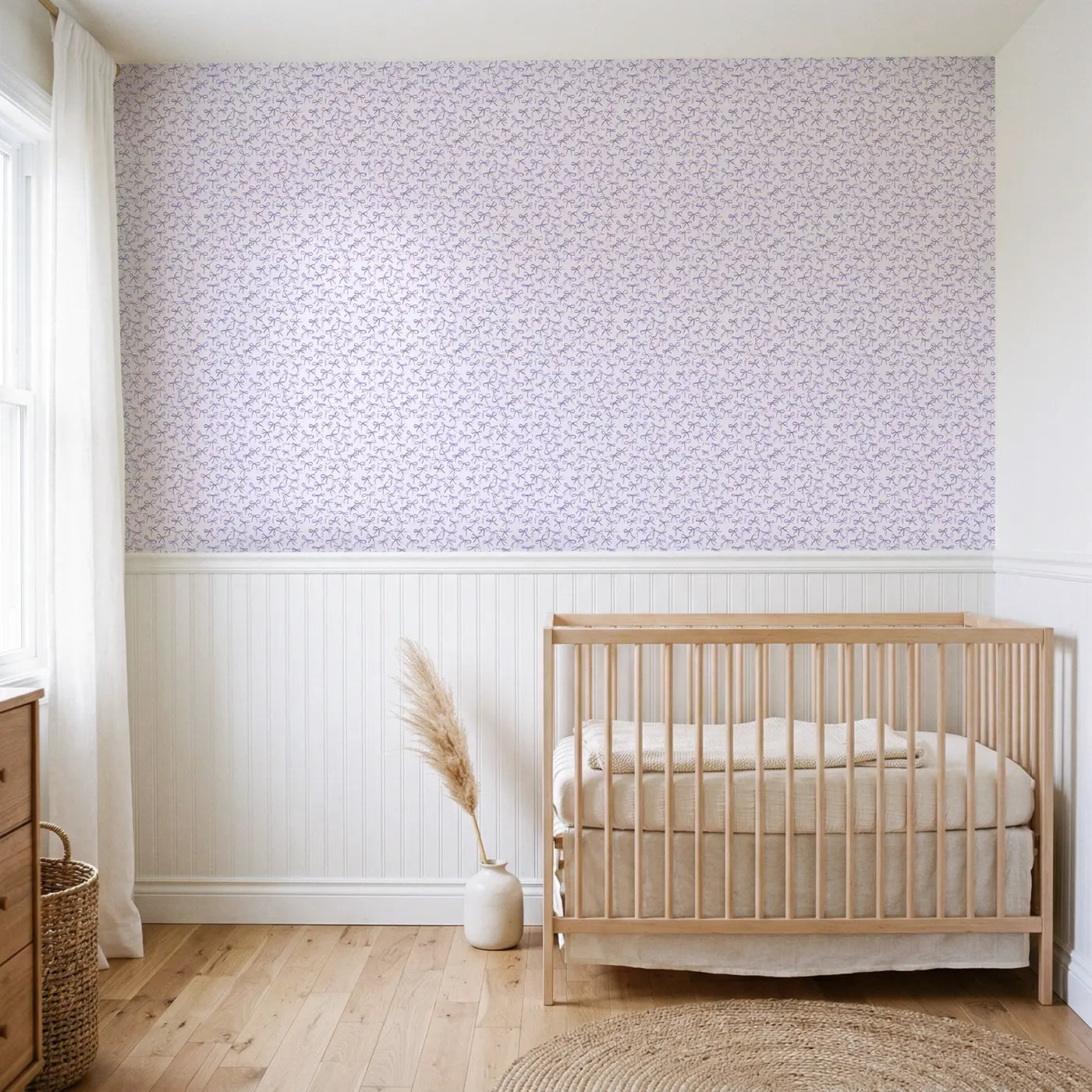 Bows Lavender Ditsy Floral wallpaper above wainscoting - Whimsy Tots
