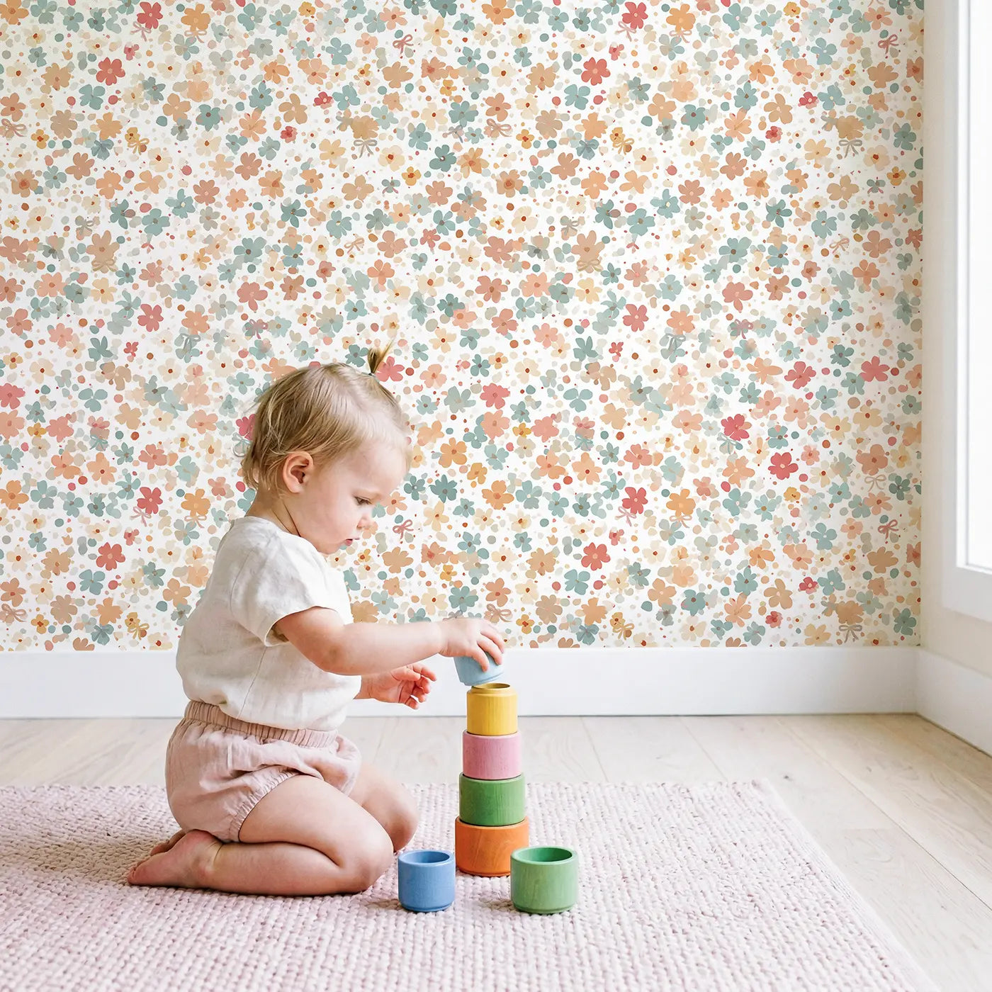 Floral-Bow Mix: Ditsy Floral wallpaper in styled kids room - Whimsy Tots
