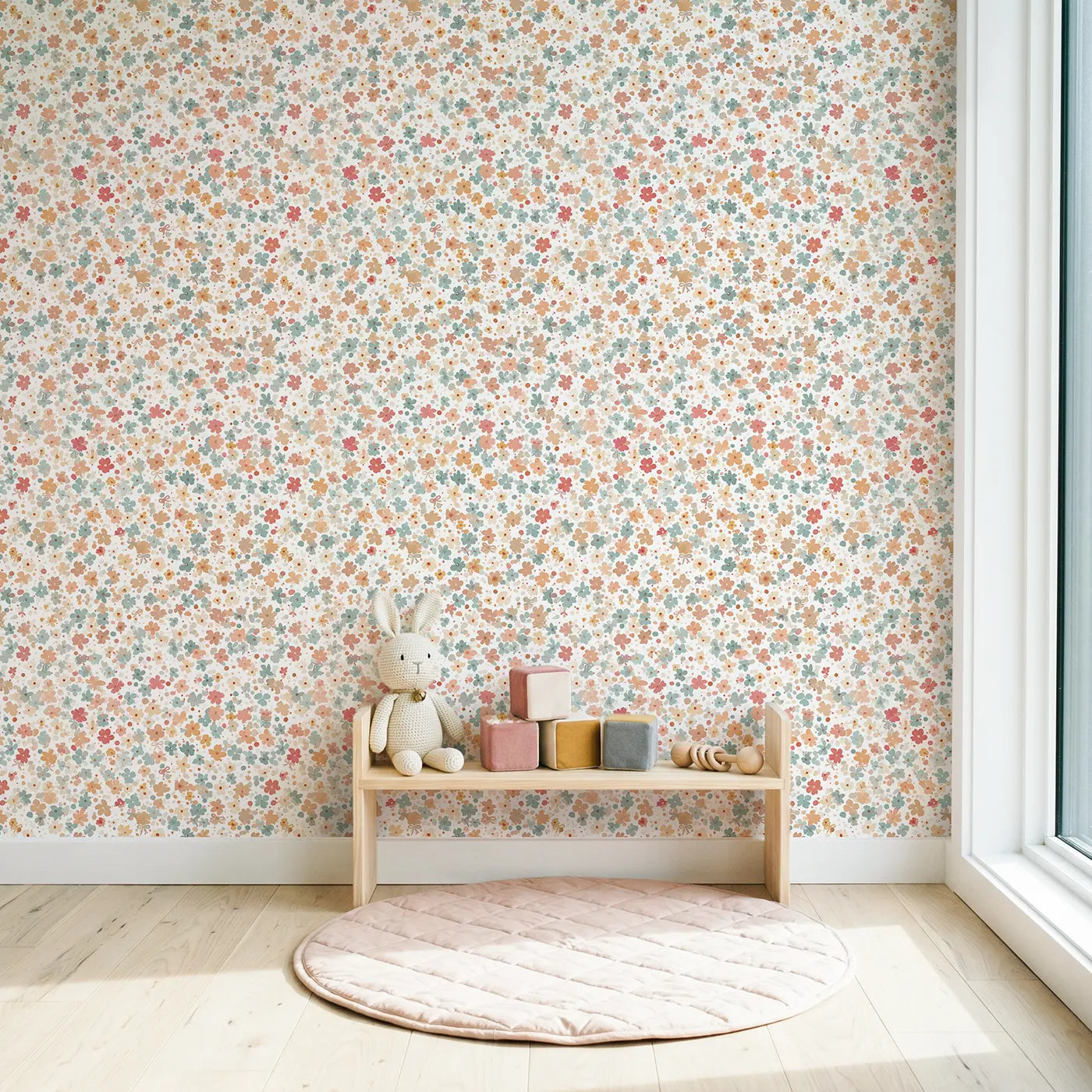 Floral-Bow Mix: Ditsy Floral wallpaper in Scandinavian nursery - Whimsy Tots