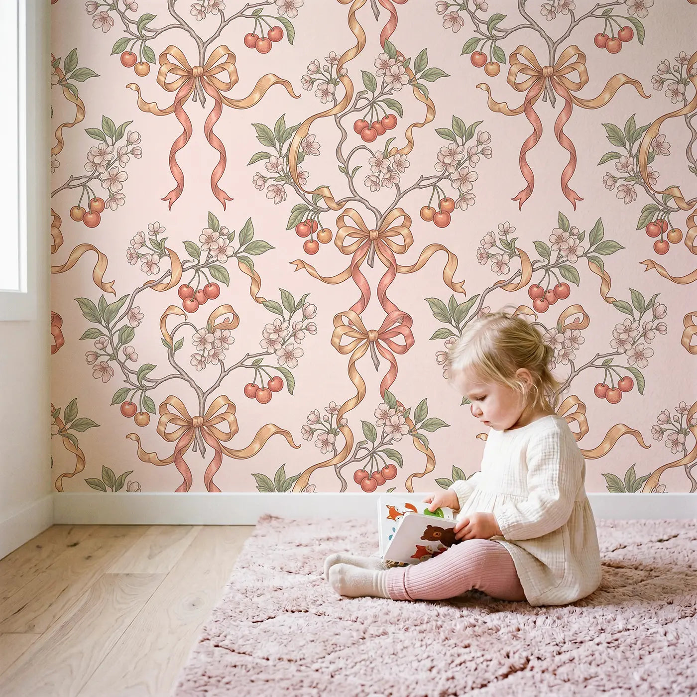 Cherry Branches Botanical Elegance wallpaper in styled kids room - Whimsy Tots