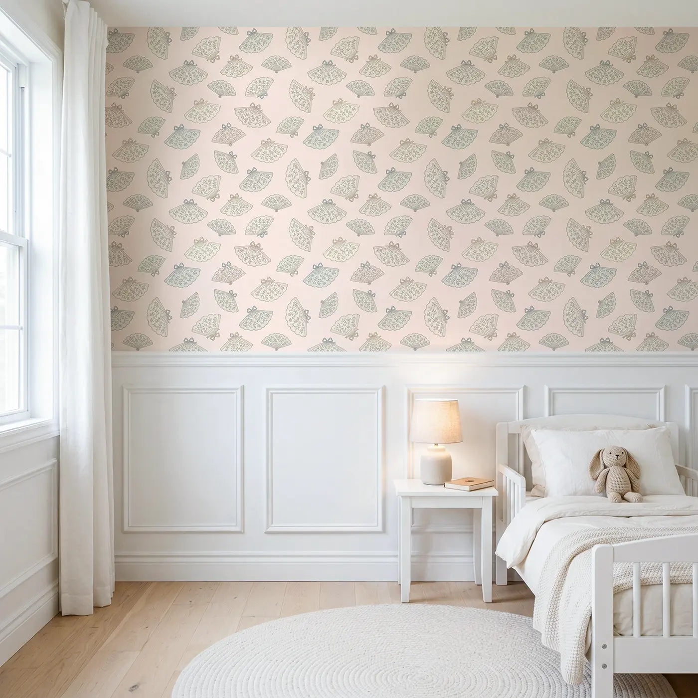 Lace Fan Botanical Elegance wallpaper above wainscoting - Whimsy Tots