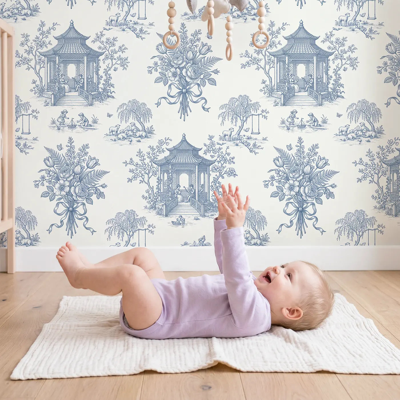 Pastoral Ribbon-Wrapped Botanical Elegance wallpaper in styled kids room - Whimsy Tots