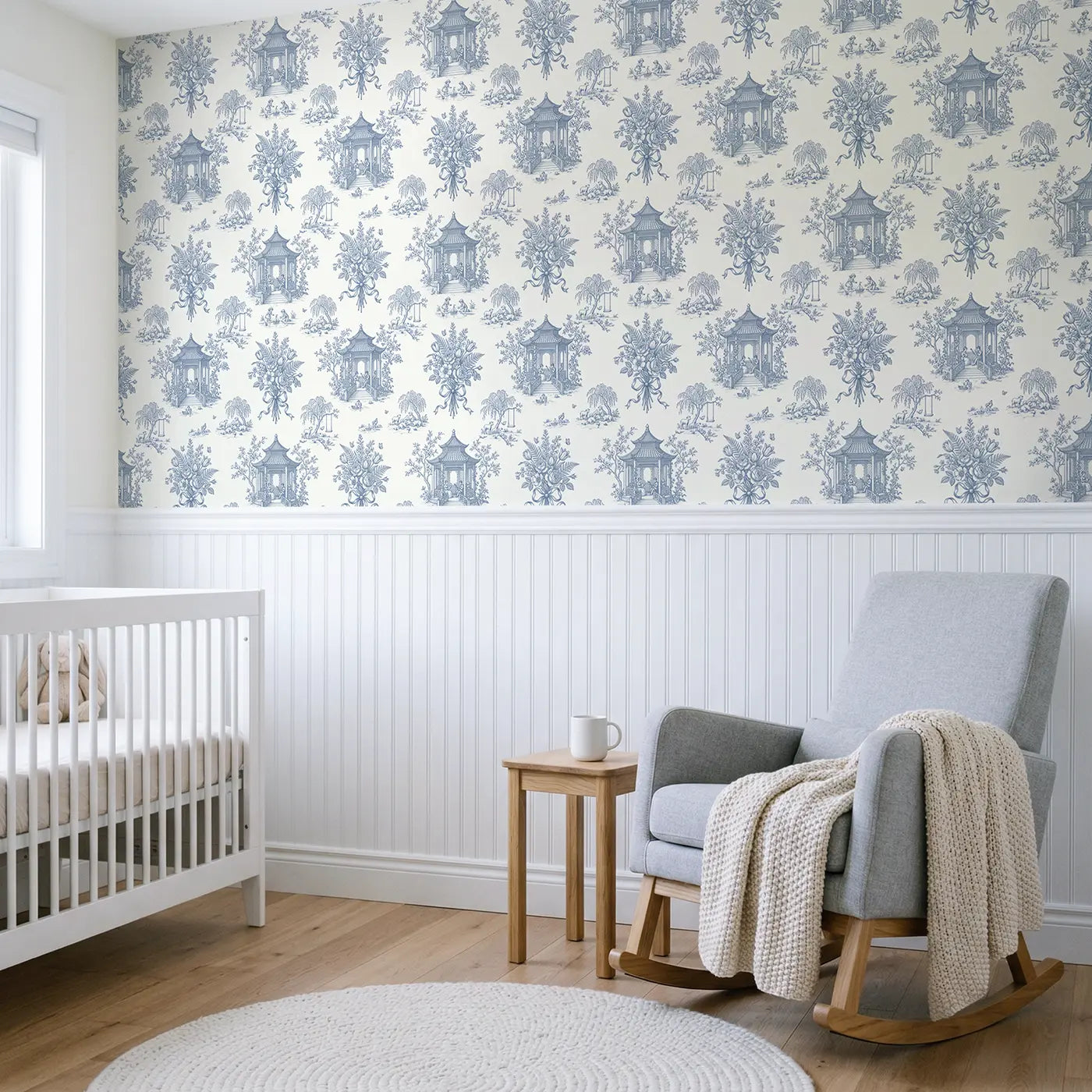 Pastoral Ribbon-Wrapped Botanical Elegance wallpaper above wainscoting - Whimsy Tots