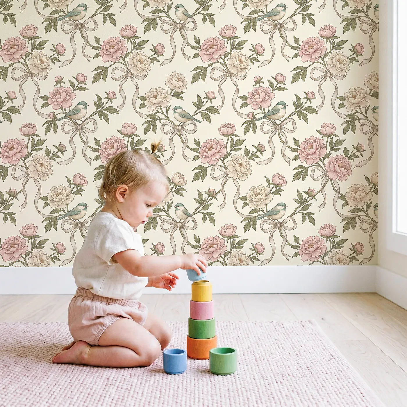 Peony Ribbon Botanical Elegance wallpaper in styled kids room - Whimsy Tots