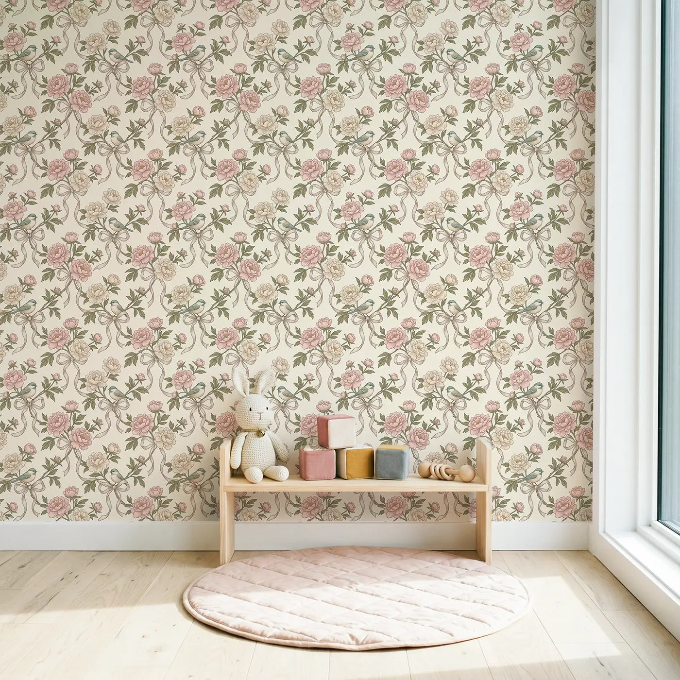 Peony Ribbon Botanical Elegance wallpaper in Scandinavian nursery - Whimsy Tots