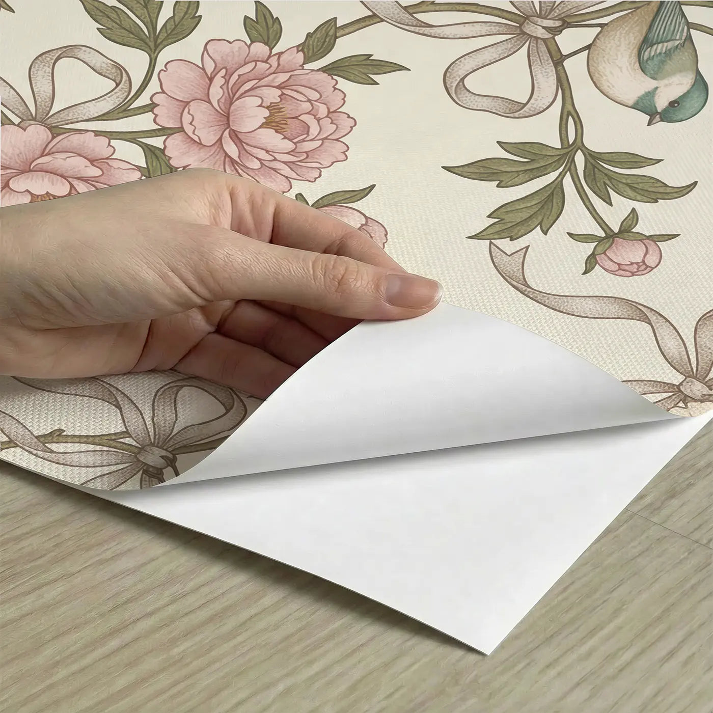 Peony Ribbon Botanical Elegance peel and stick material close-up - Whimsy Tots