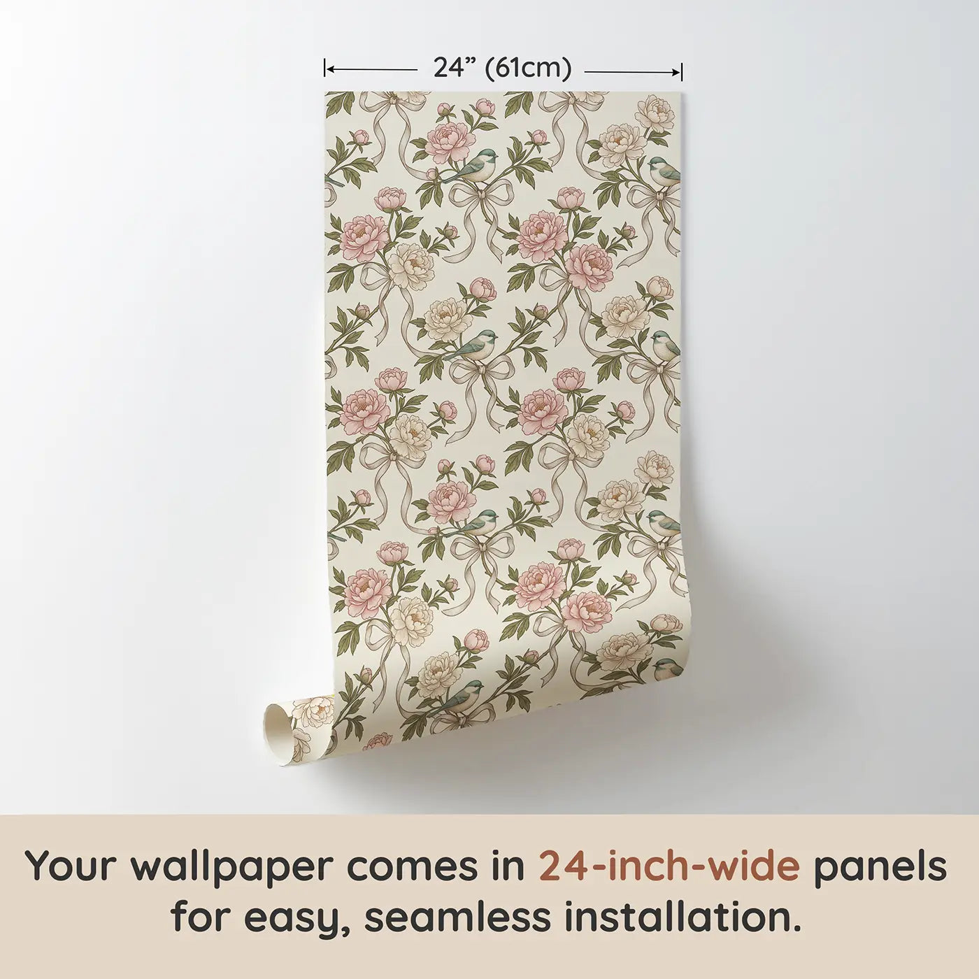 Peony Ribbon Botanical Elegance wallpaper panel dimensions - Whimsy Tots