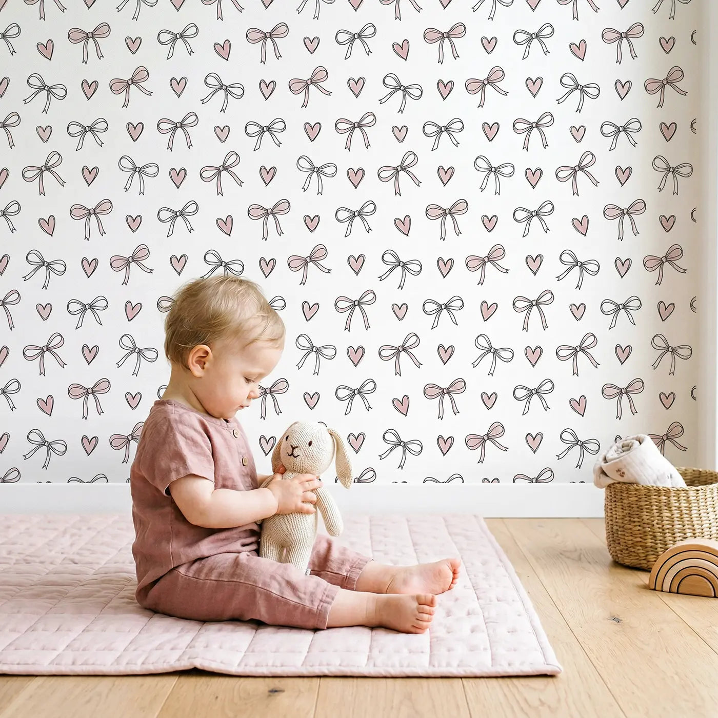 Bows Hearts Hand-Drawn wallpaper in styled kids room - Whimsy Tots