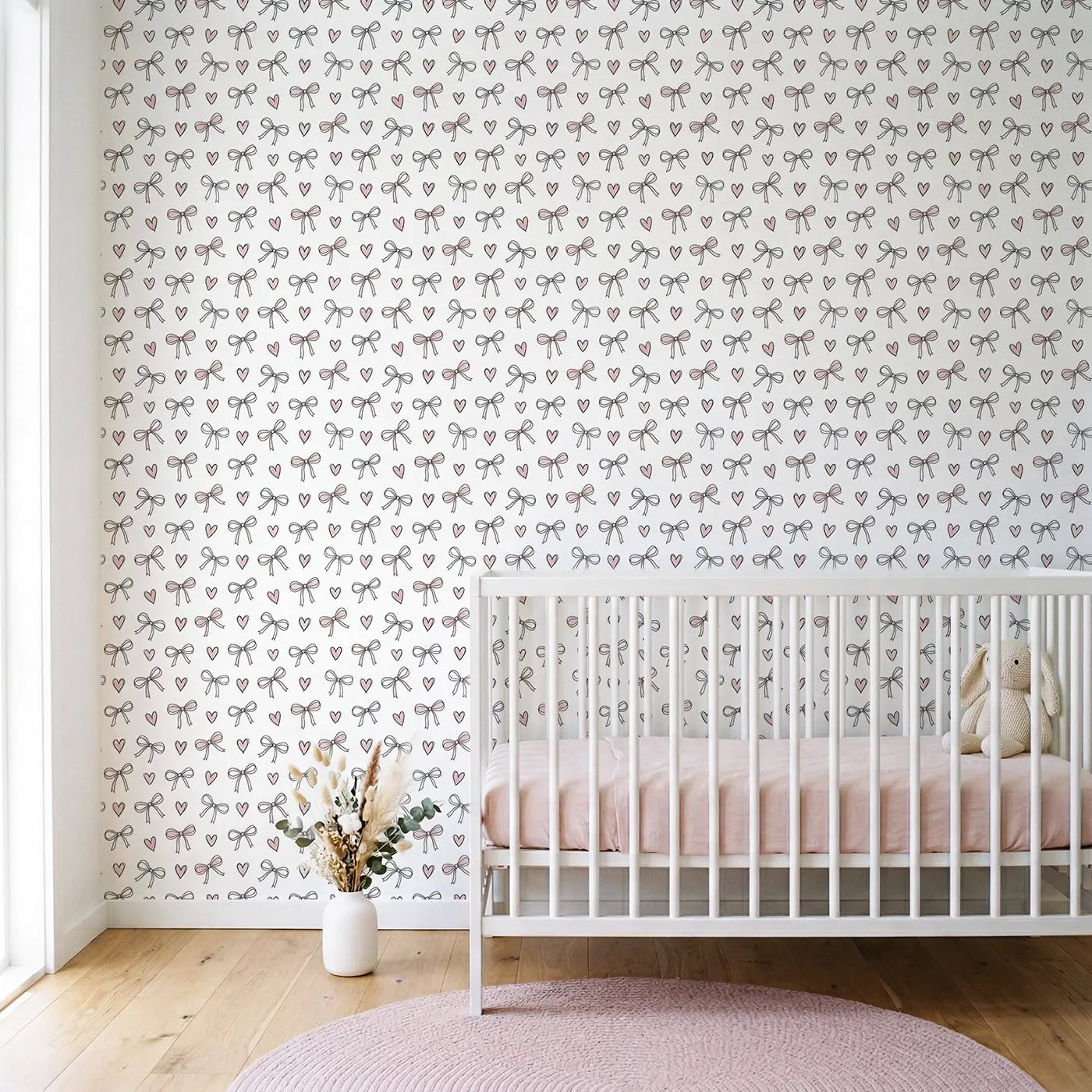 Bows Hearts Hand-Drawn wallpaper in Scandinavian nursery - Whimsy Tots