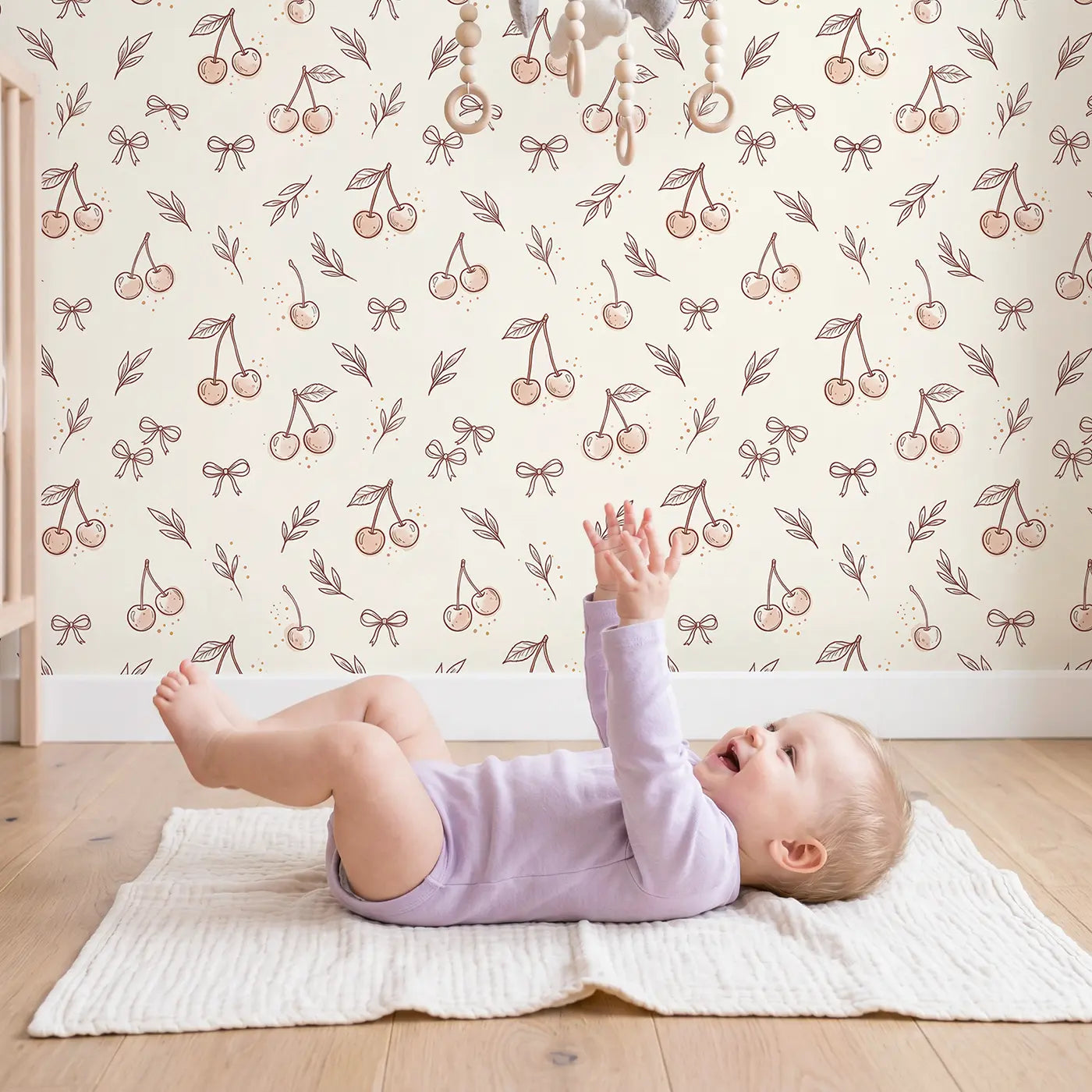 Cherry Pairs Hand-Drawn wallpaper in styled kids room - Whimsy Tots