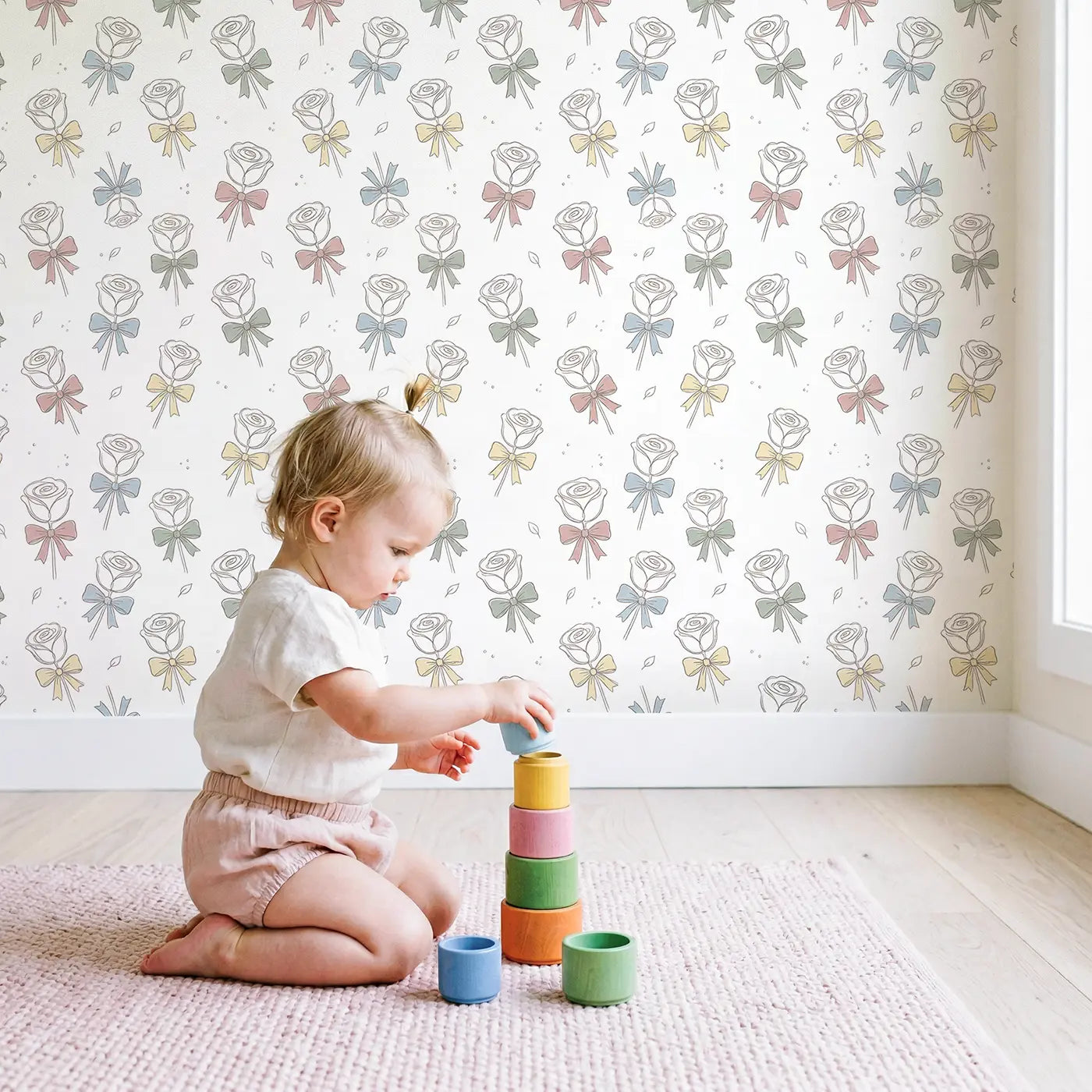 Simple Sketch-Style Roses Hand-Drawn wallpaper in styled kids room - Whimsy Tots