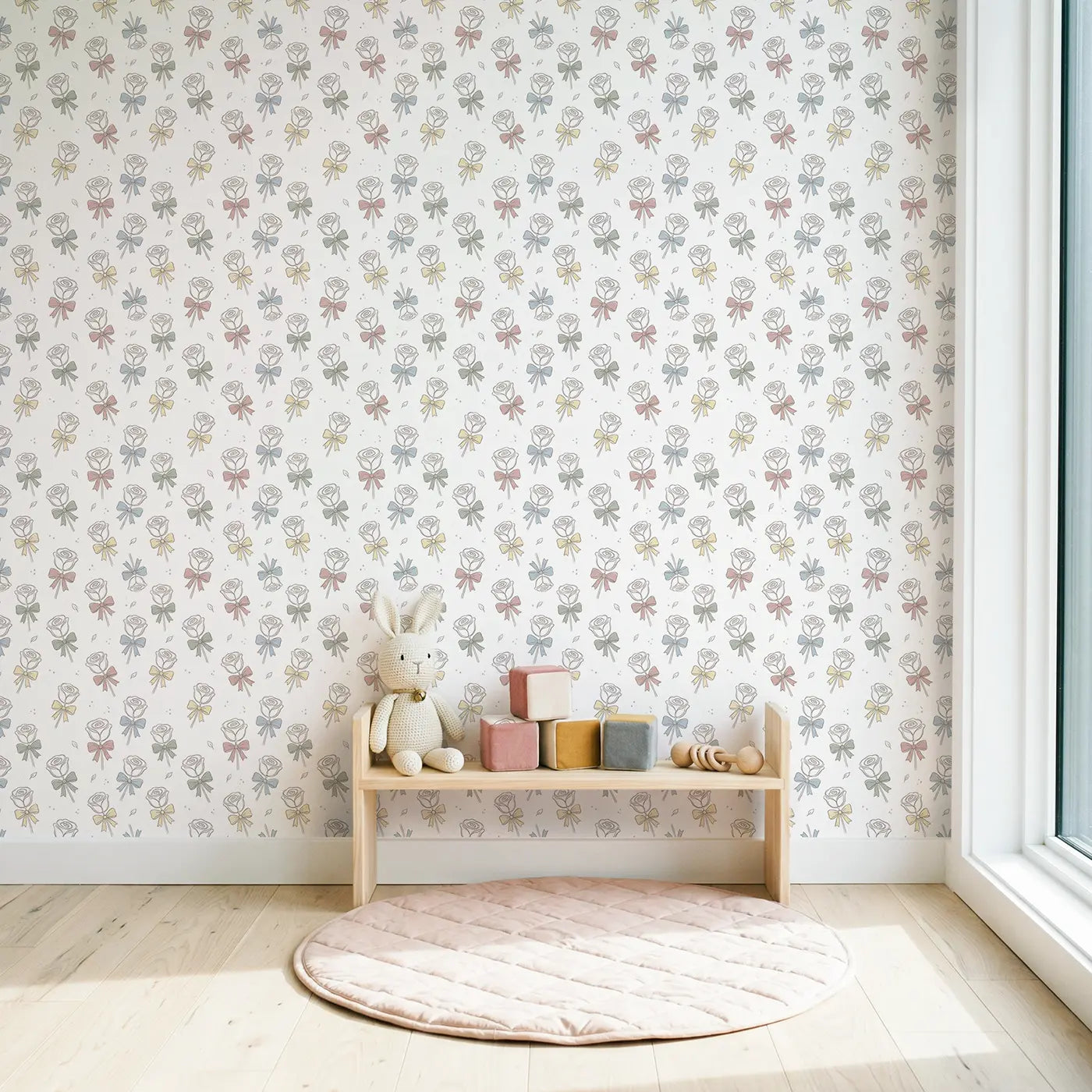 Simple Sketch-Style Roses Hand-Drawn wallpaper in Scandinavian nursery - Whimsy Tots