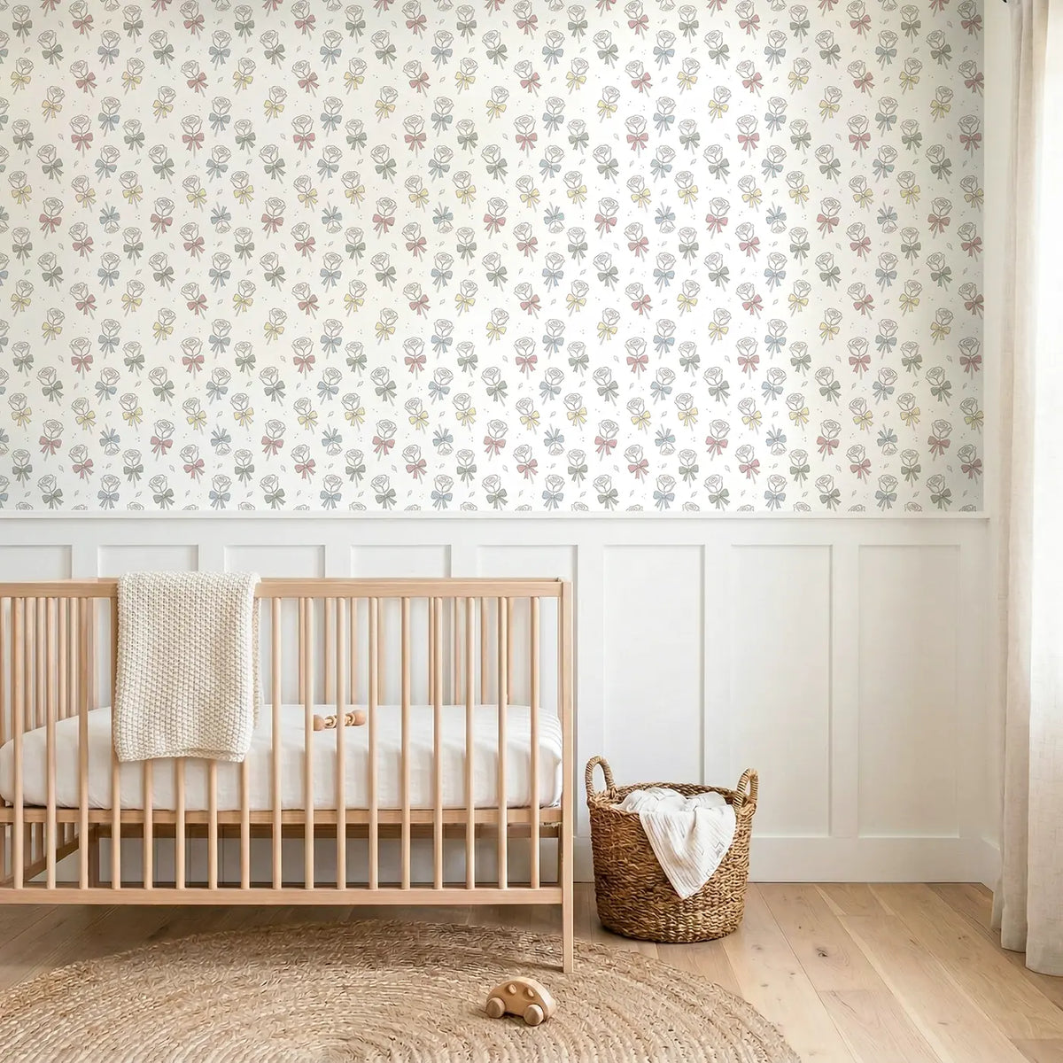 Simple Sketch-Style Roses Hand-Drawn wallpaper above wainscoting - Whimsy Tots