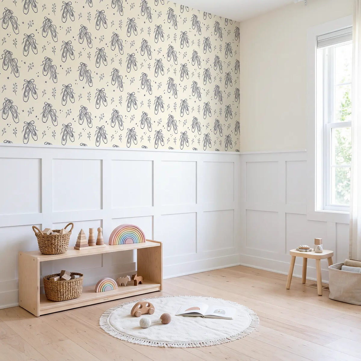 Ballet Slippers Hand-Drawn wallpaper above wainscoting - Whimsy Tots