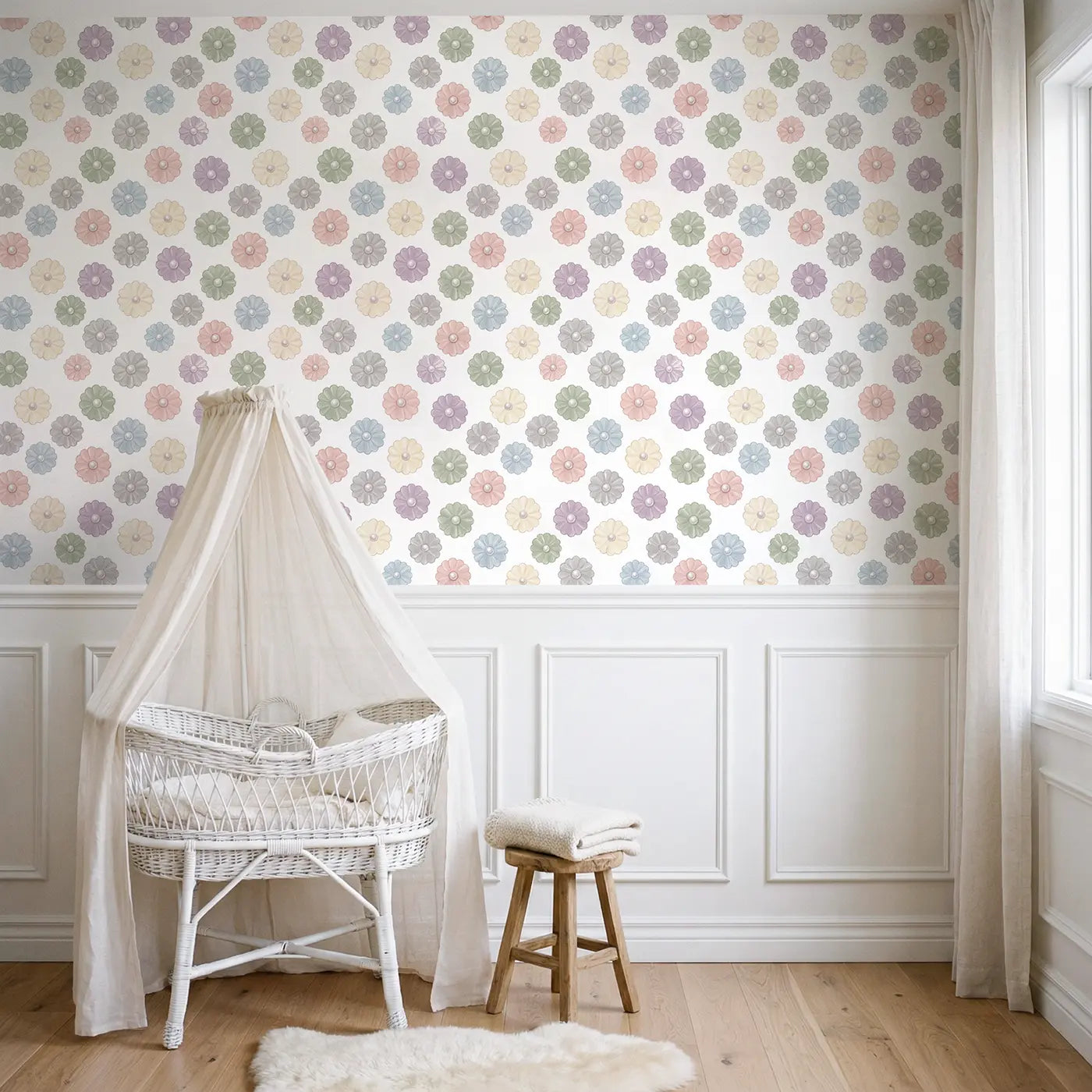 Chalk-Drawn Ribbon Soft Pastel wallpaper above wainscoting - Whimsy Tots