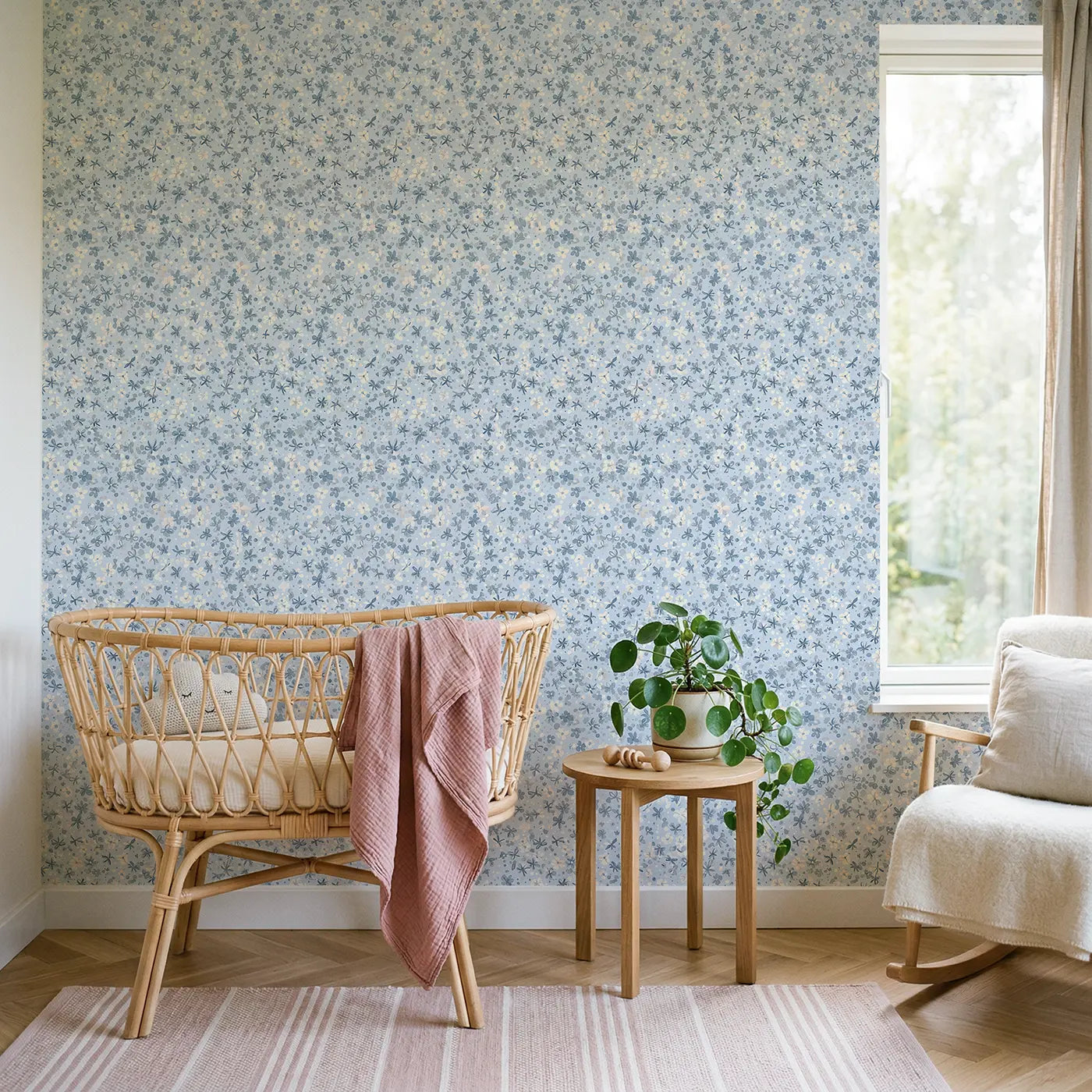 Bows Hearts Ditsy Floral wallpaper in Scandinavian nursery - Whimsy Tots