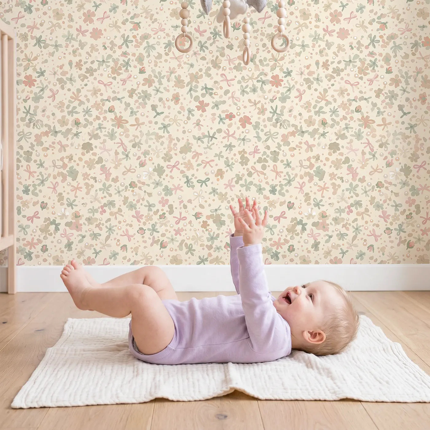 Ribbon Knots Ditsy Floral wallpaper in styled kids room - Whimsy Tots