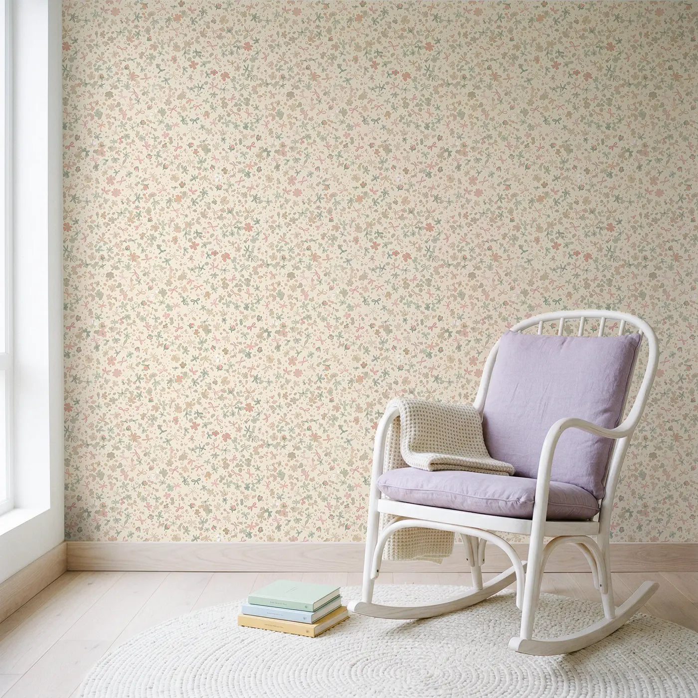 Ribbon Knots Ditsy Floral wallpaper in Scandinavian nursery - Whimsy Tots