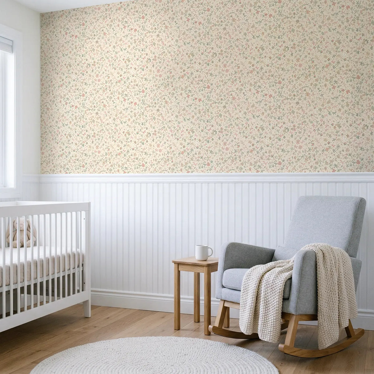 Ribbon Knots Ditsy Floral wallpaper above wainscoting - Whimsy Tots