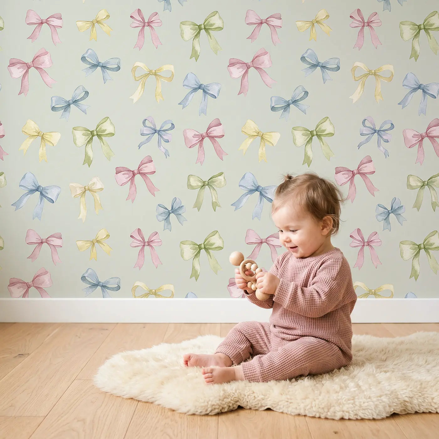 Scattered Bows Soft Watercolor wallpaper in styled kids room - Whimsy Tots